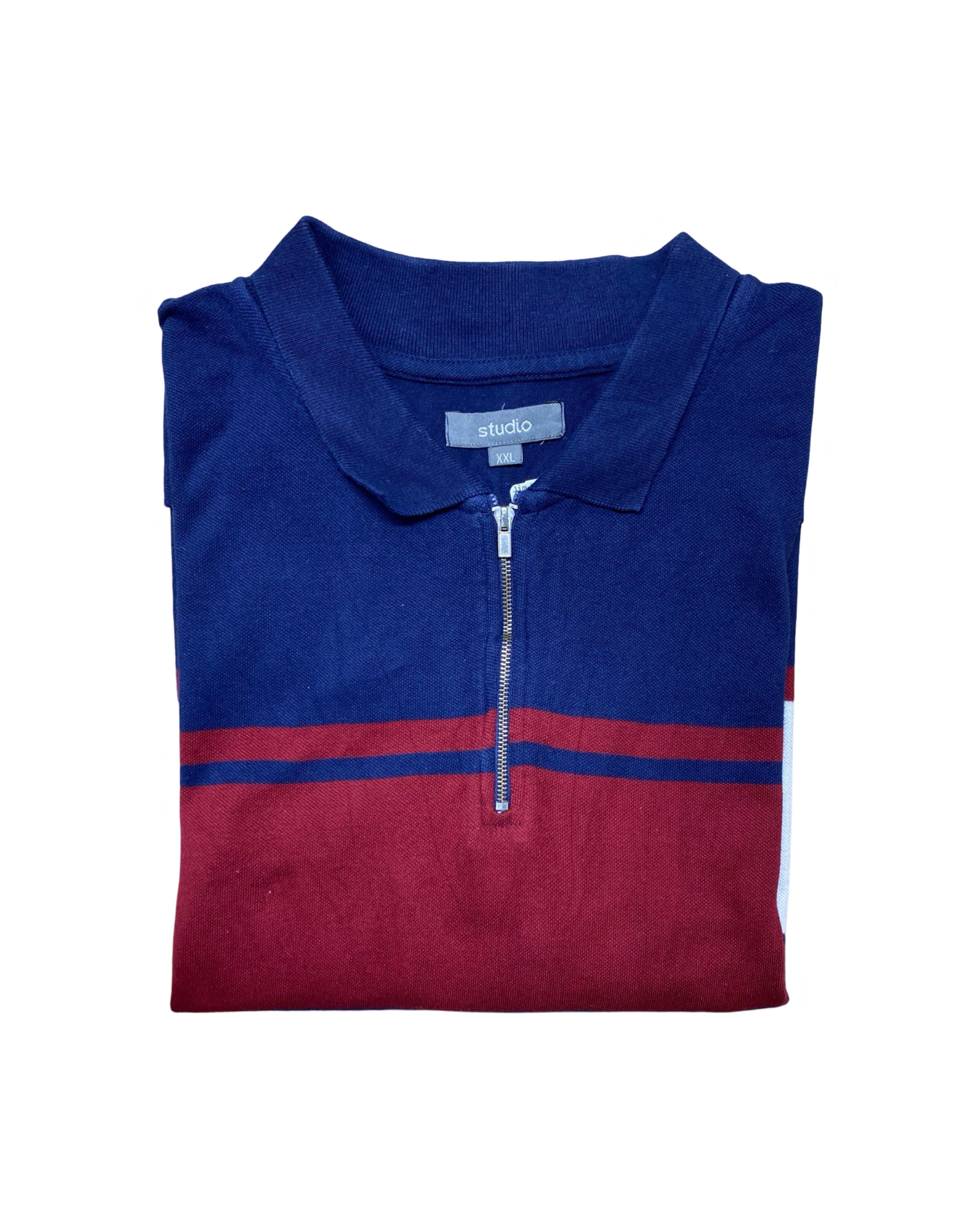 STUDIO Navy, Red & White Zip Polo Shirt | XXL | Chest 25”