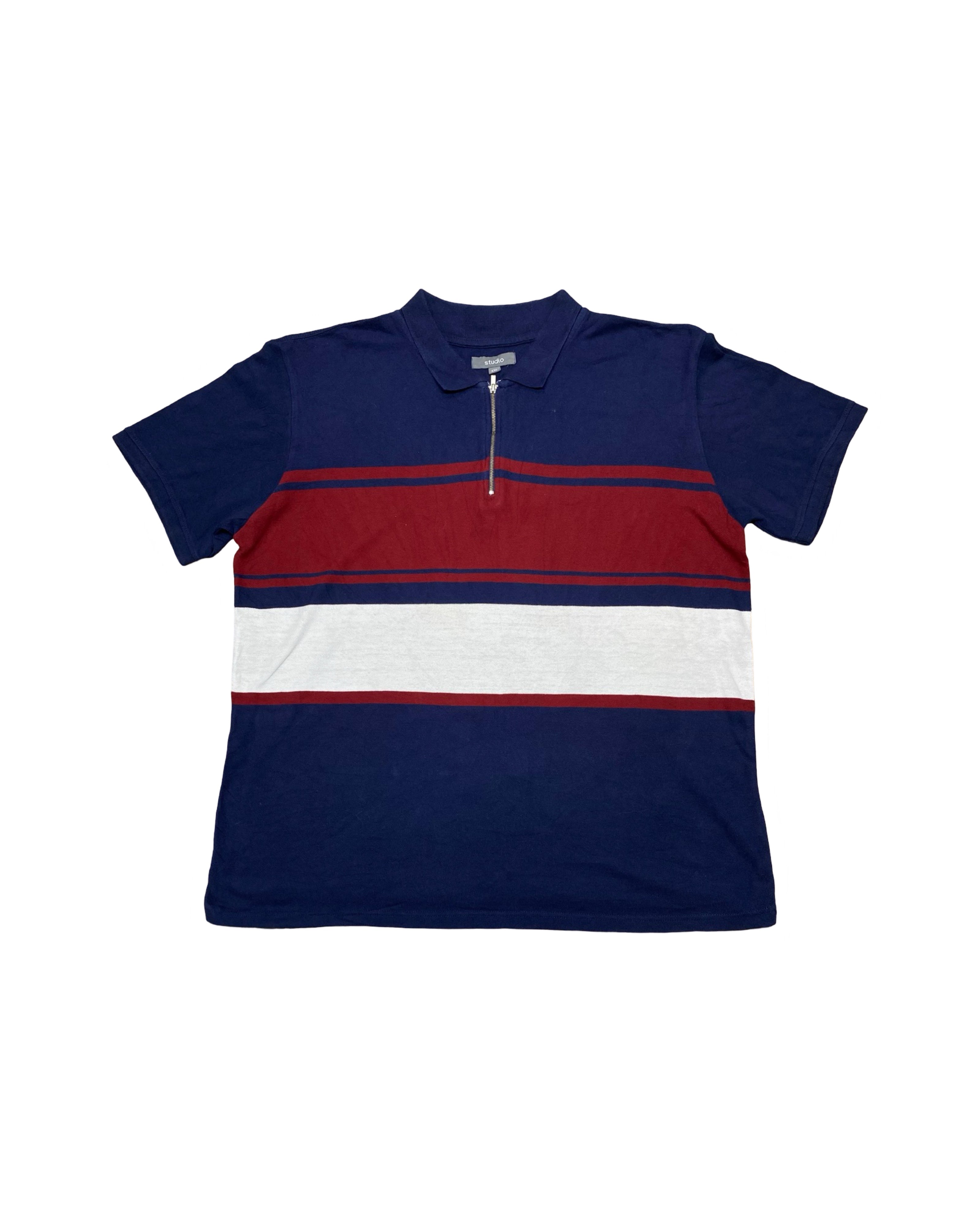 STUDIO Navy, Red & White Zip Polo Shirt | XXL | Chest 25”