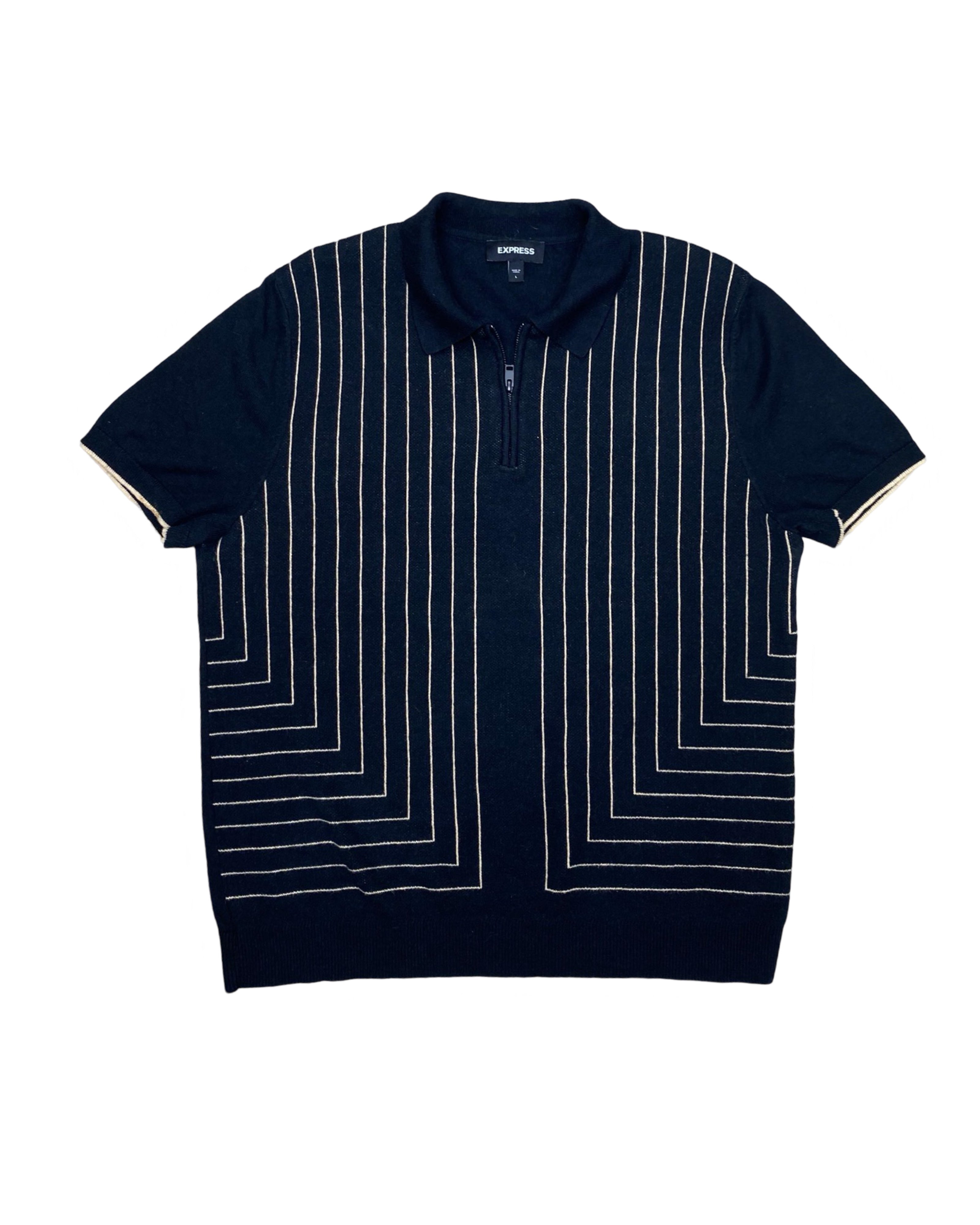 Express Navy Geometric Ribbed Knit Polo Shirt | Large | Chest 23”