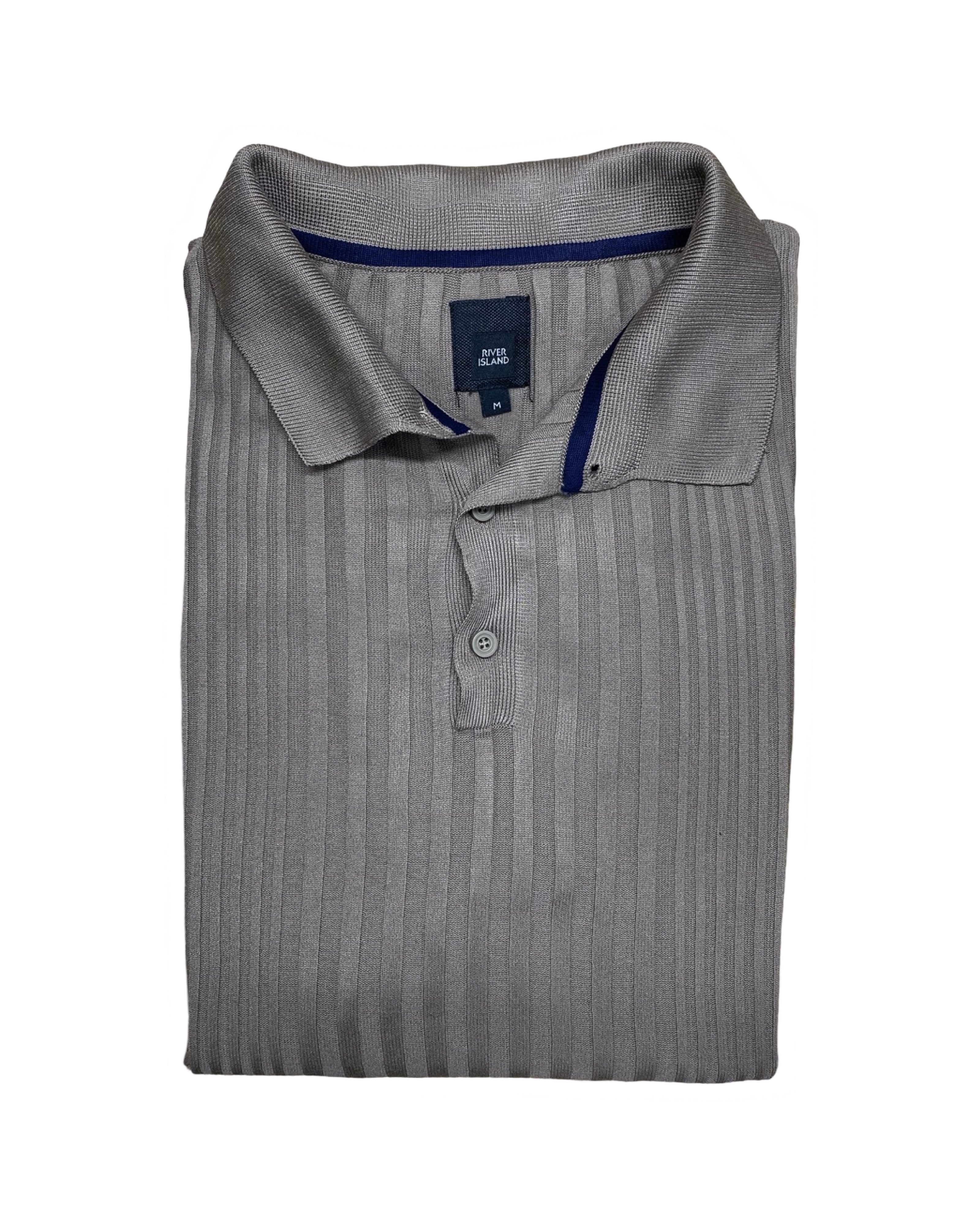 River Island Grey Ribbed Knit Polo Shirt | Small | Chest 17”