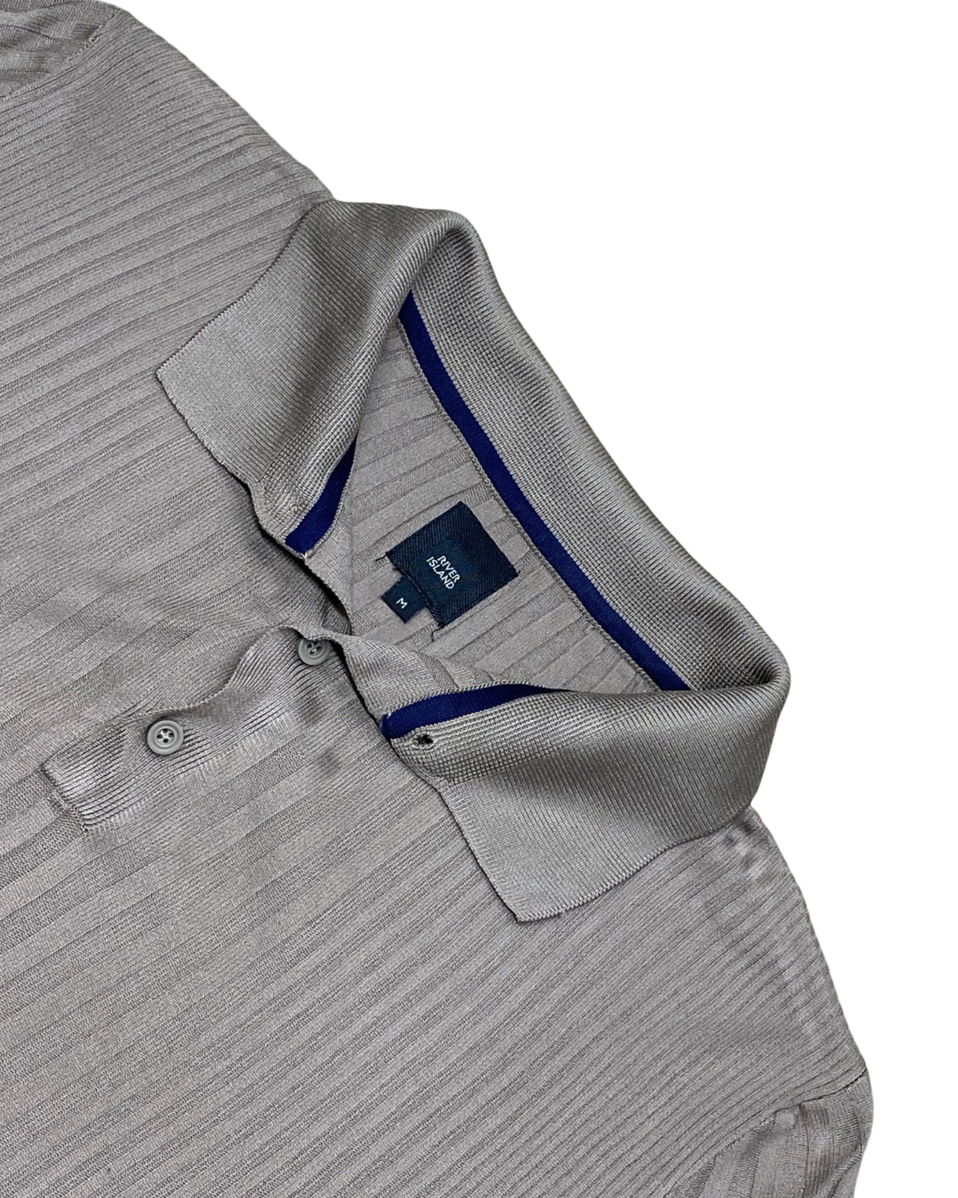 River Island Grey Ribbed Knit Polo Shirt | Small | Chest 17”