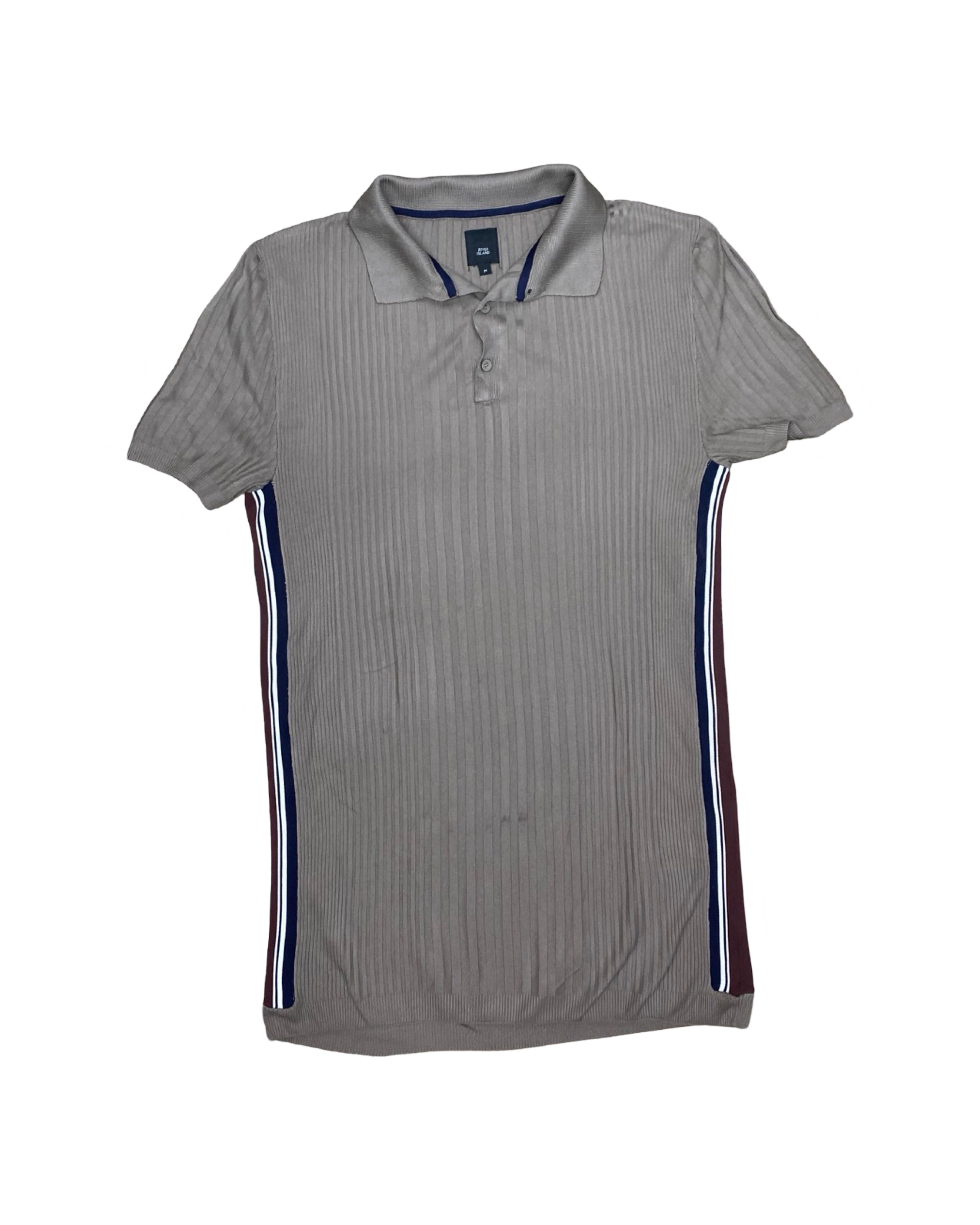River Island Grey Ribbed Knit Polo Shirt | Small | Chest 17”