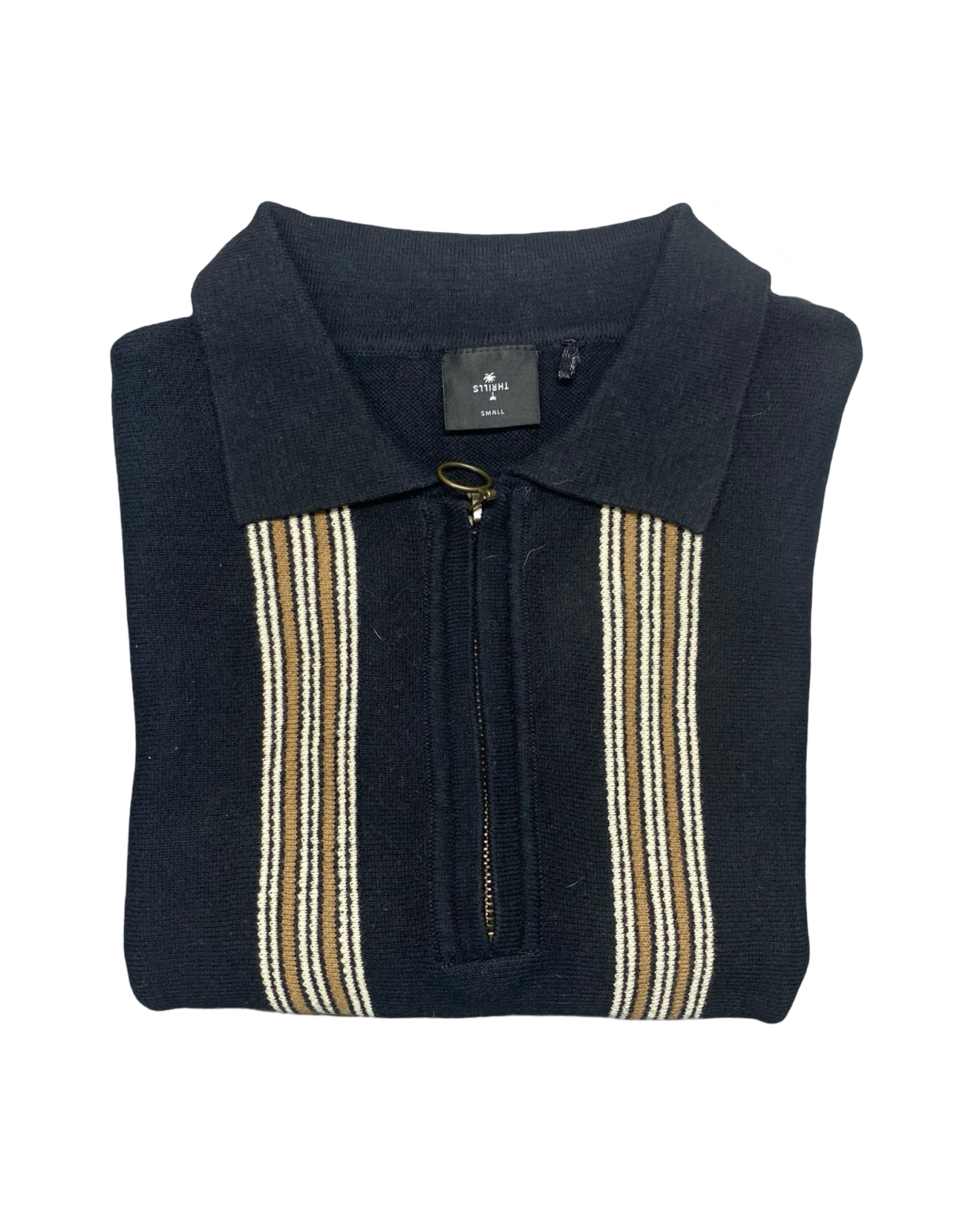 THRILLS Black Knit Polo with Vertical Stripe Detail | Medium | Chest 20.5”