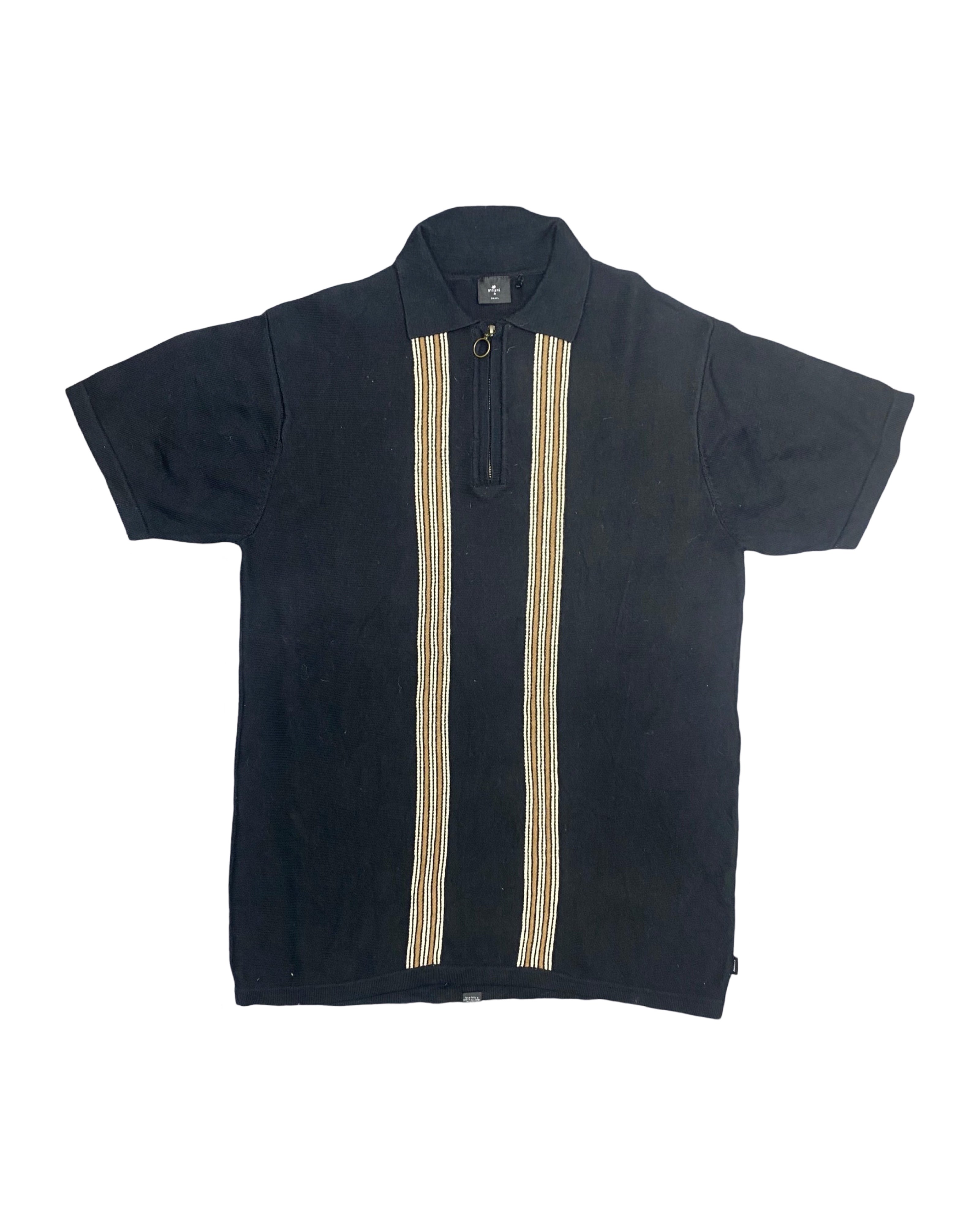 THRILLS Black Knit Polo with Vertical Stripe Detail | Medium | Chest 20.5”