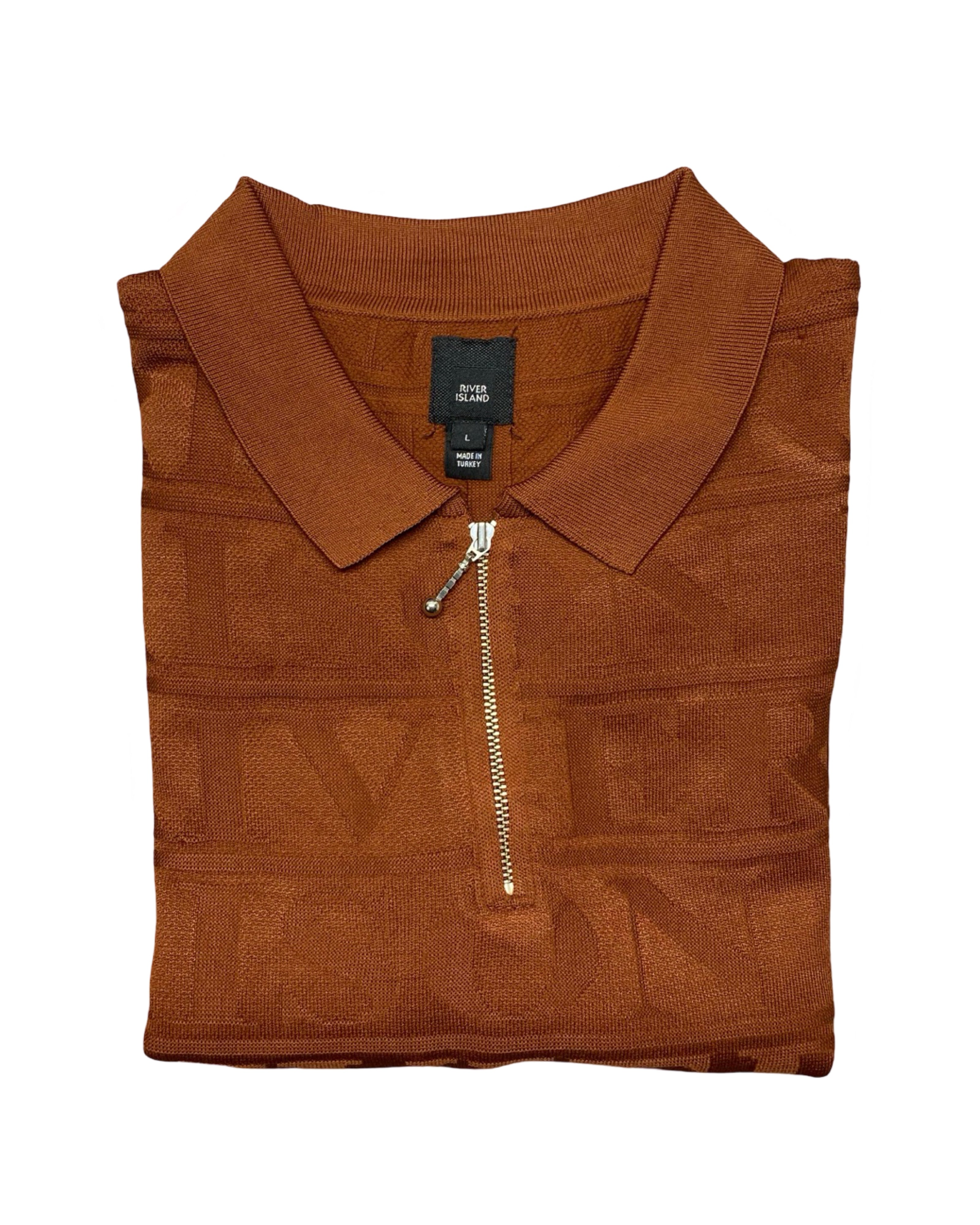 River Island Rust Jacquard Logo Knit Polo Shirt | Medium | Chest 20”