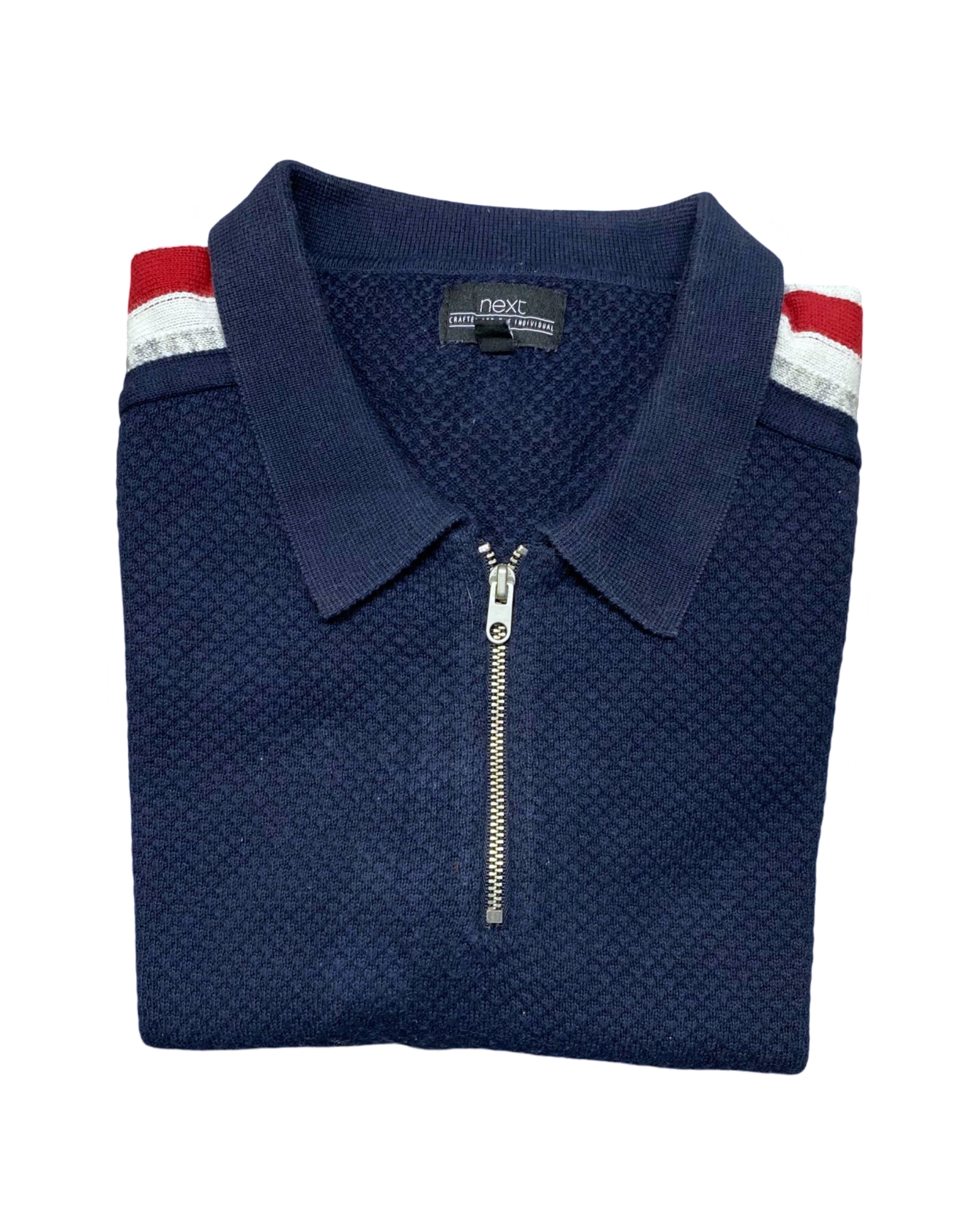NEXT Navy Blue Knitted Zip Polo Shirt with Red & White Shoulder Stripes | Small | Chest 19”
