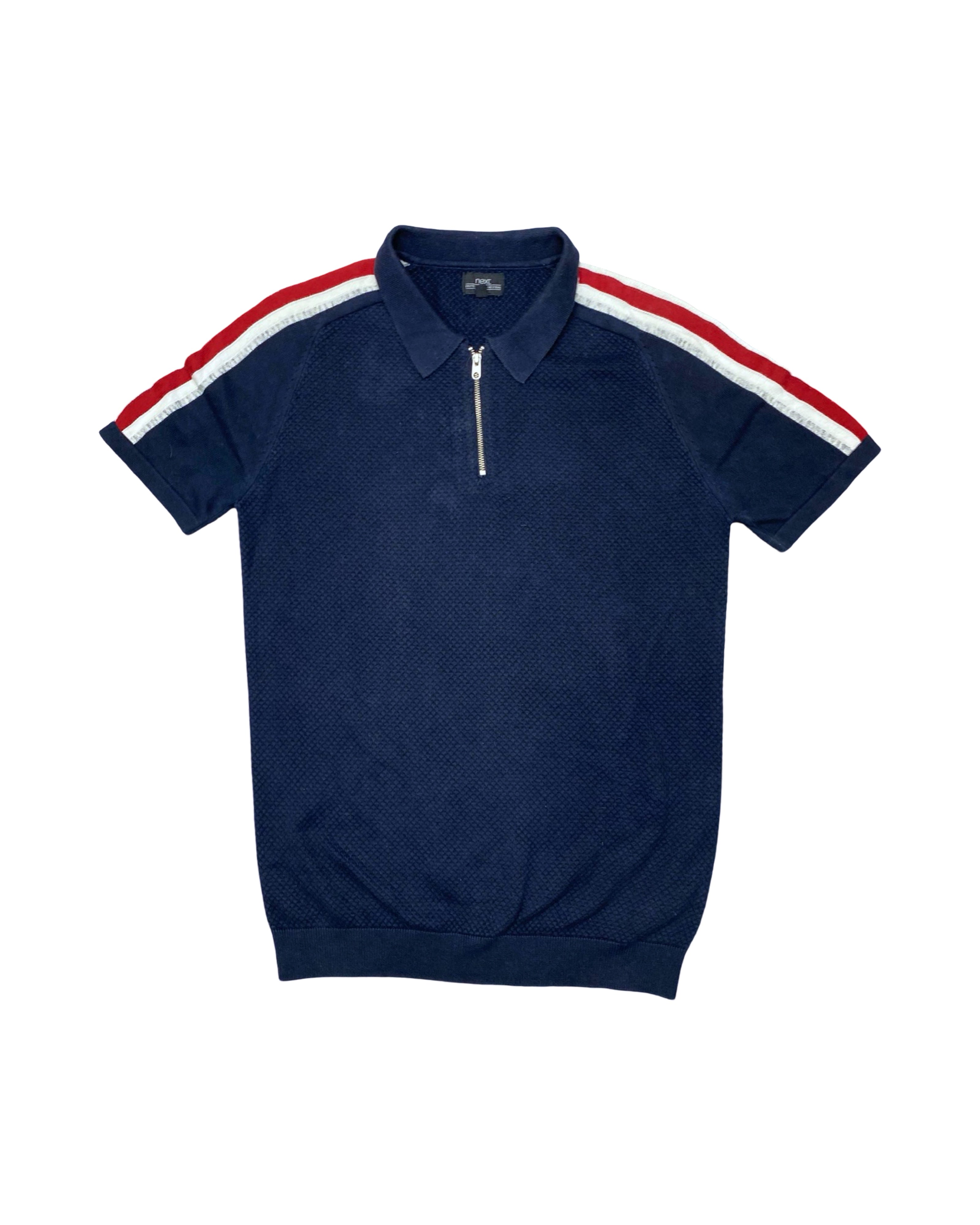 NEXT Navy Blue Knitted Zip Polo Shirt with Red & White Shoulder Stripes | Small | Chest 19”