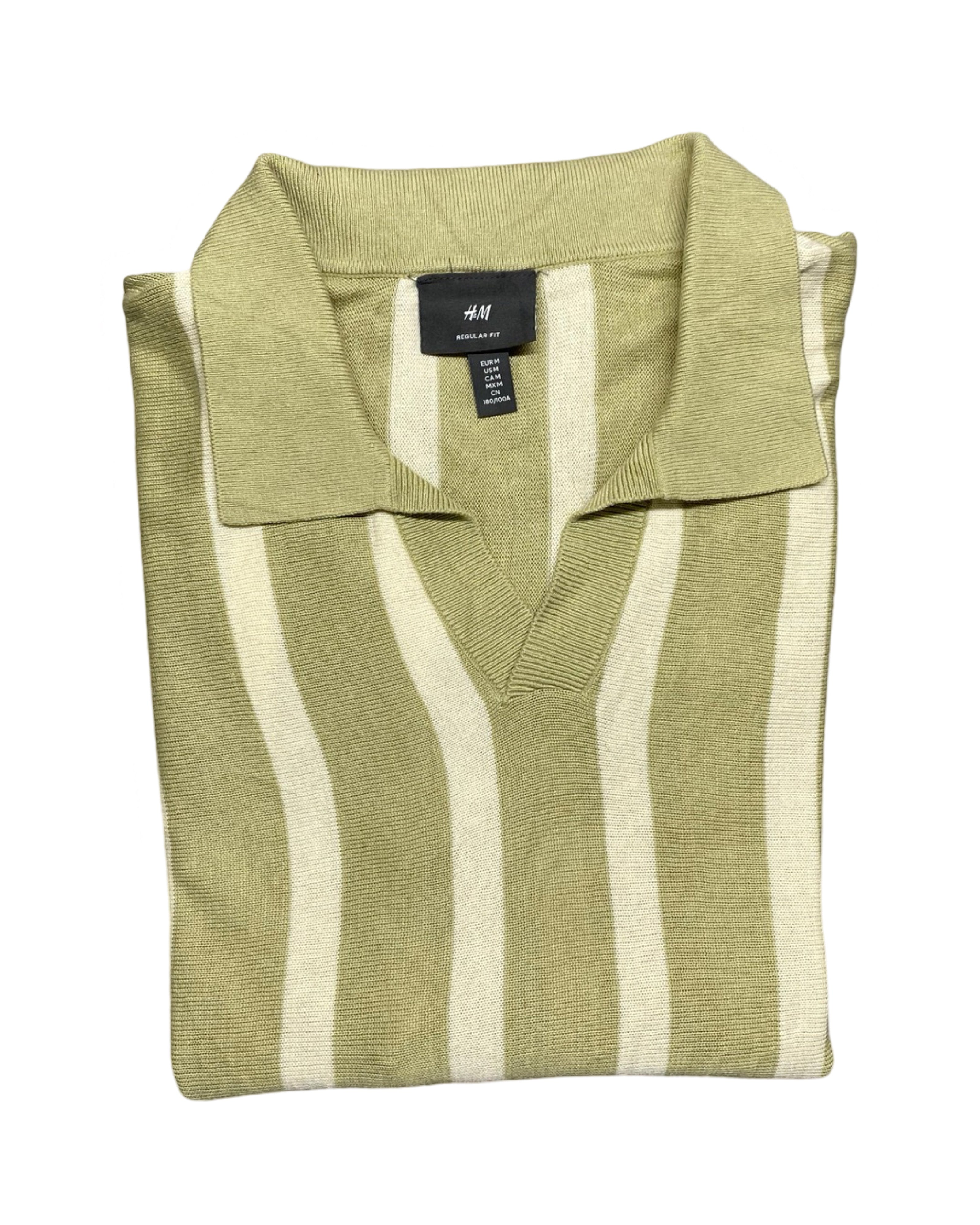 H&M Olive Green Cream Vertical Stripe Knitted Polo Shirt with