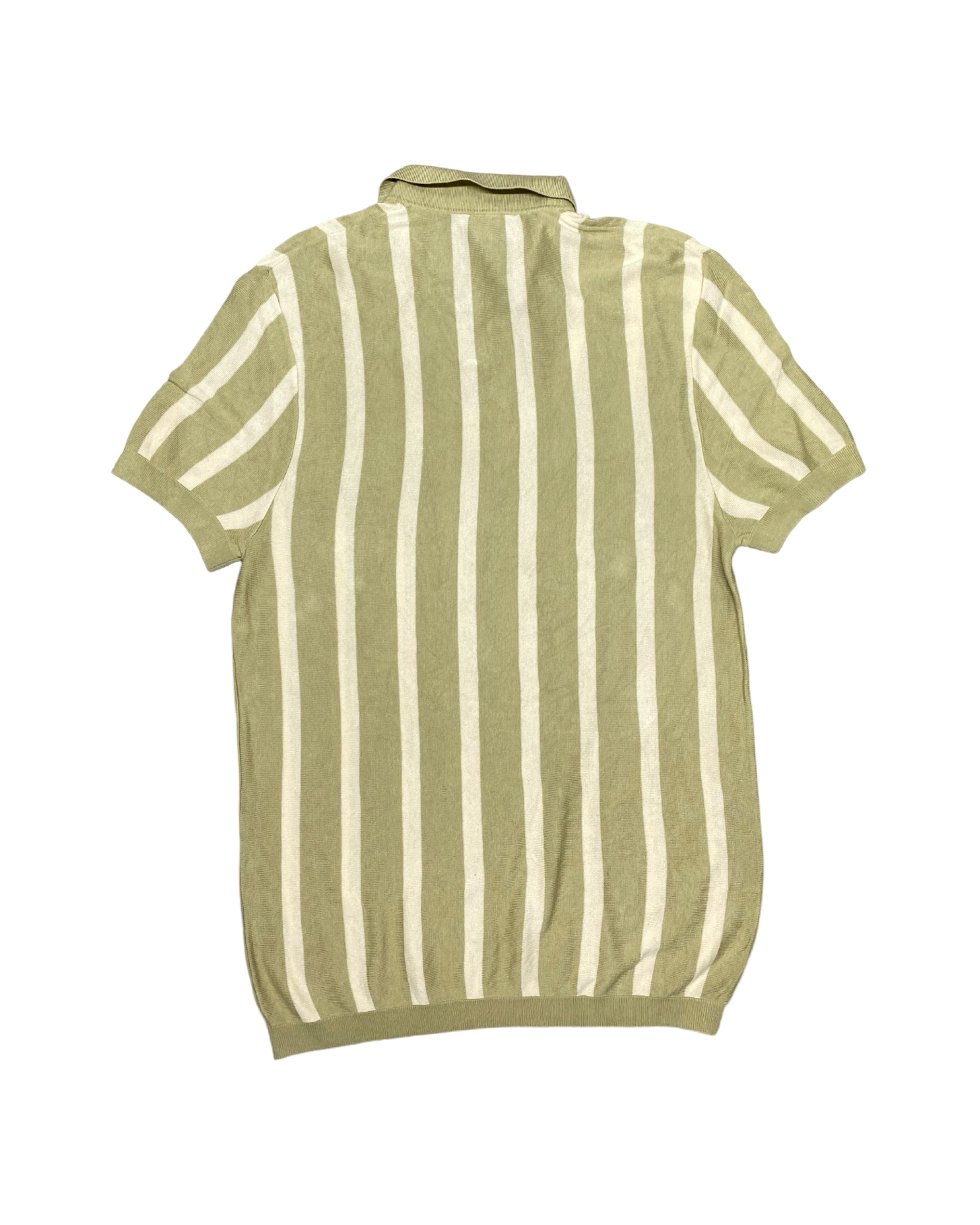 H&M Olive Green & Cream Vertical Stripe Knitted Polo Shirt with Ribbed Hem | Medium | Chest 21”