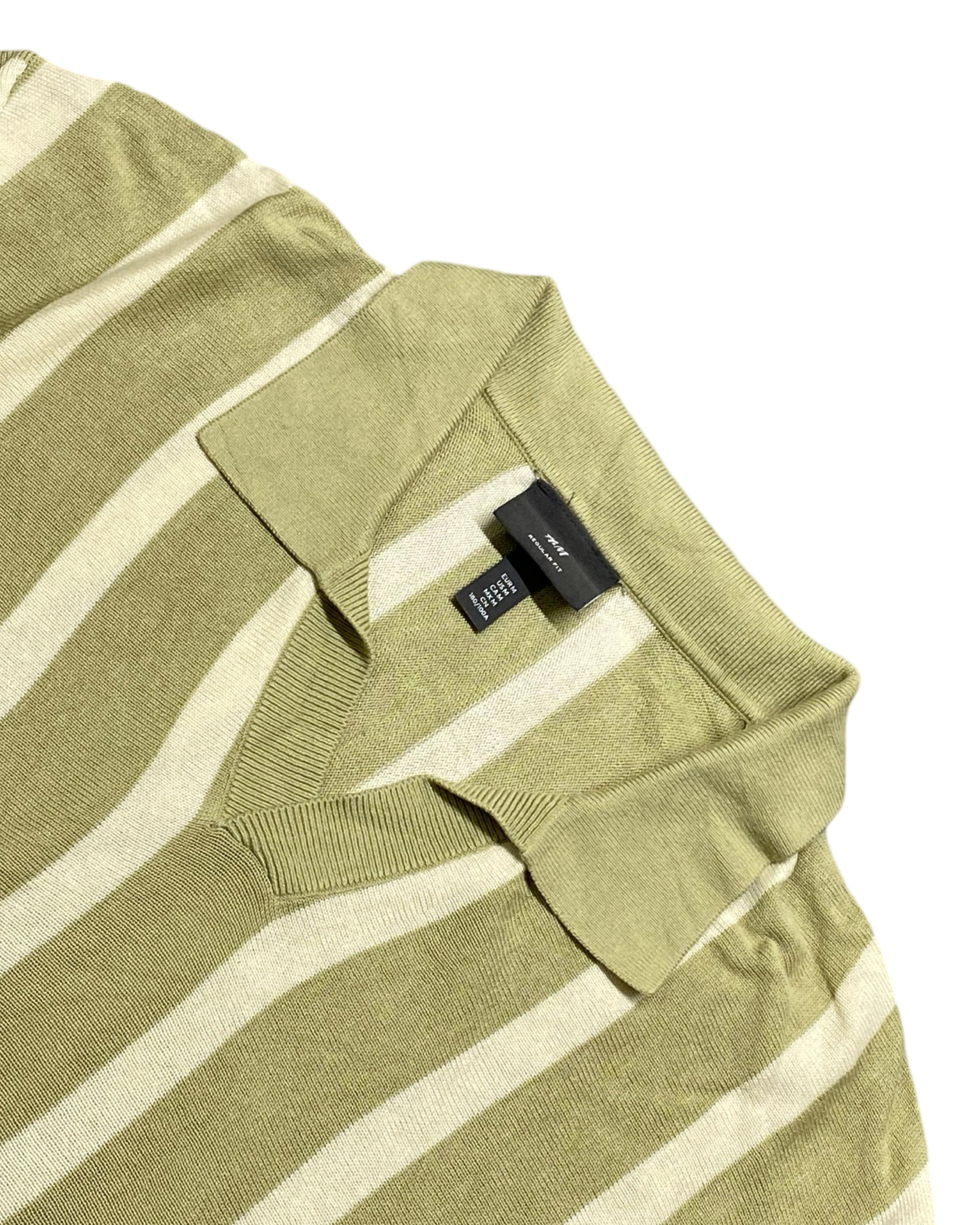 H&M Olive Green & Cream Vertical Stripe Knitted Polo Shirt with Ribbed Hem | Medium | Chest 21”