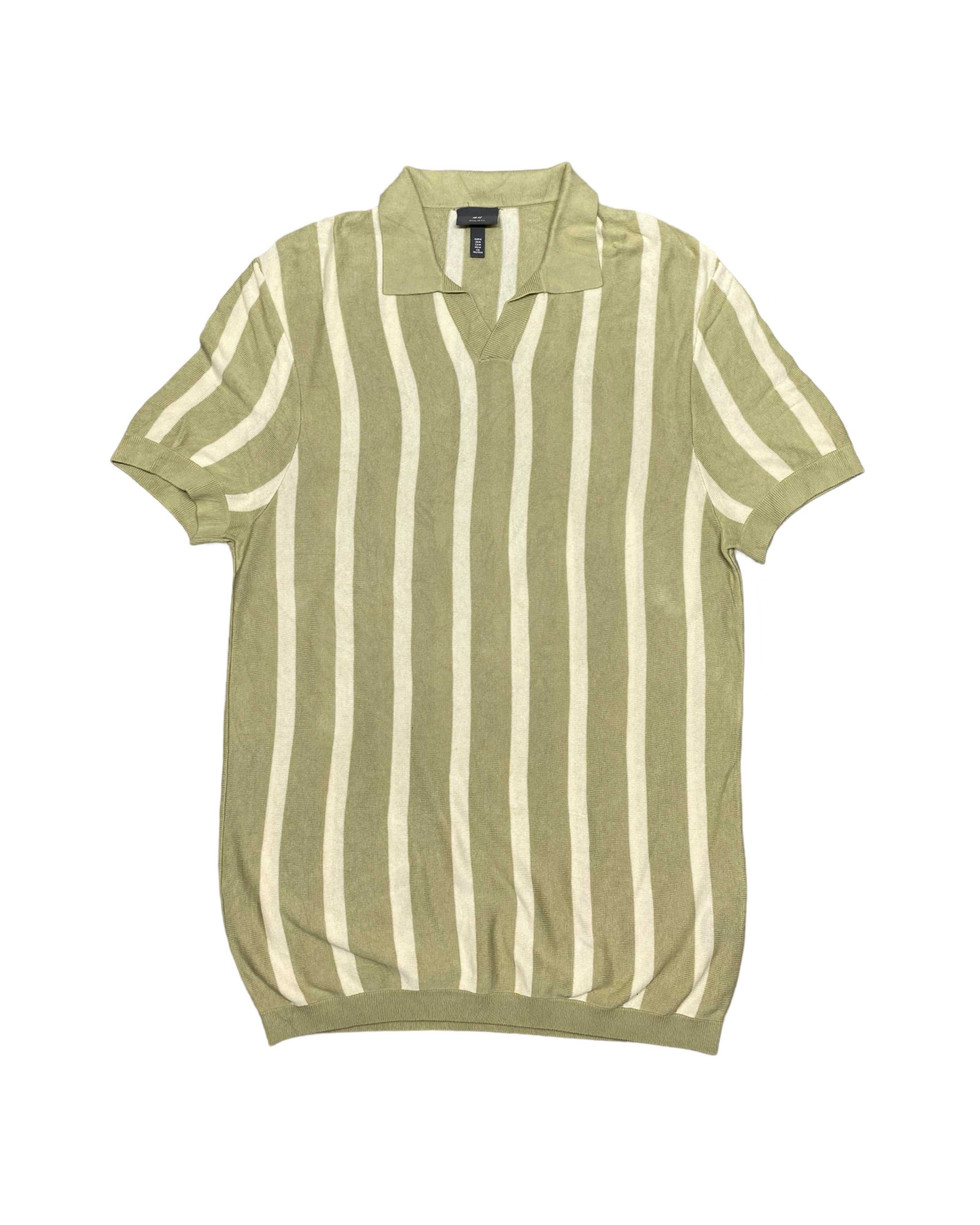 H&M Olive Green & Cream Vertical Stripe Knitted Polo Shirt with Ribbed Hem | Medium | Chest 21”