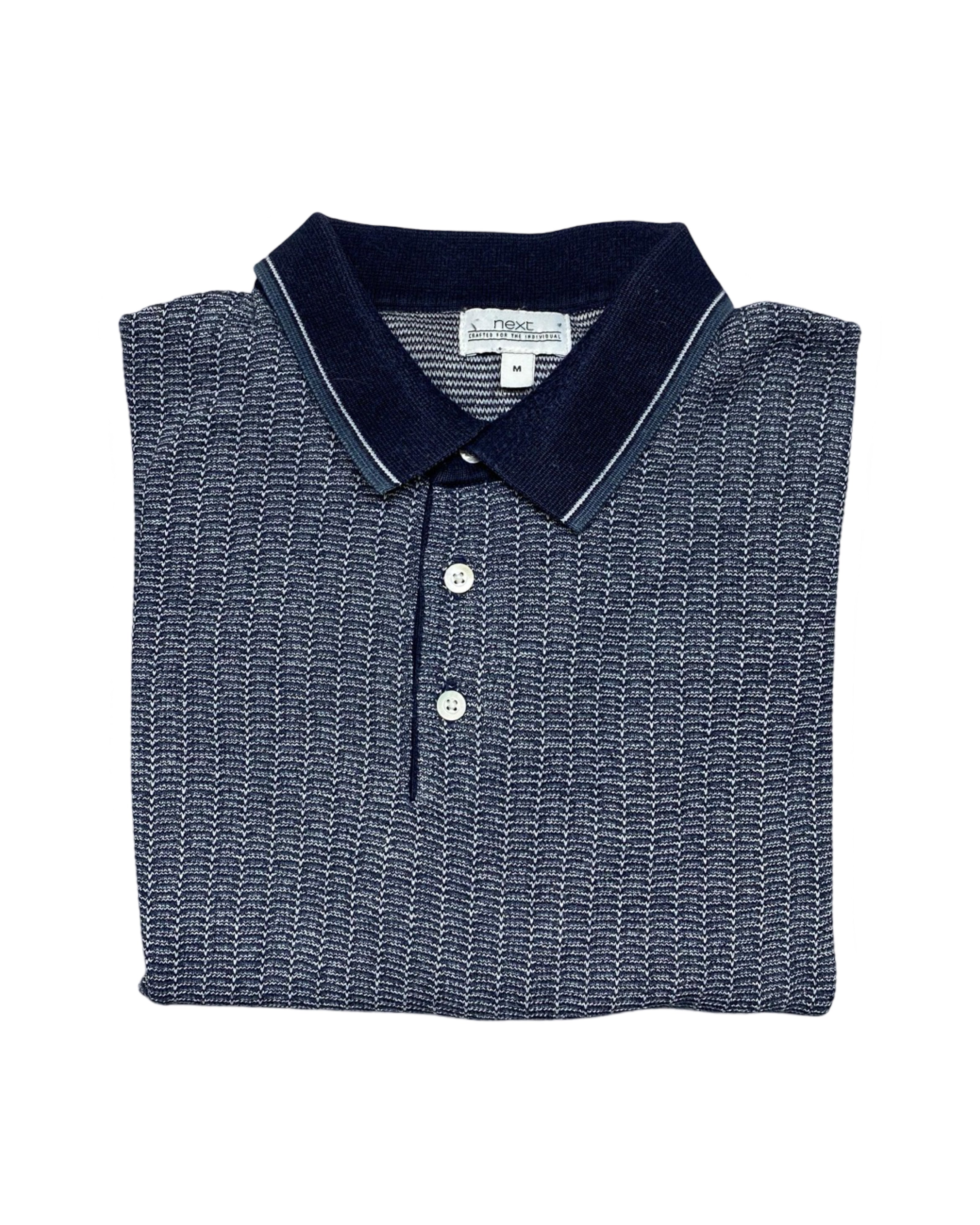NEXT Navy & White Textured Knit Polo Shirt with Ribbed Hem & Cuffs | Medium | Chest 20.5”