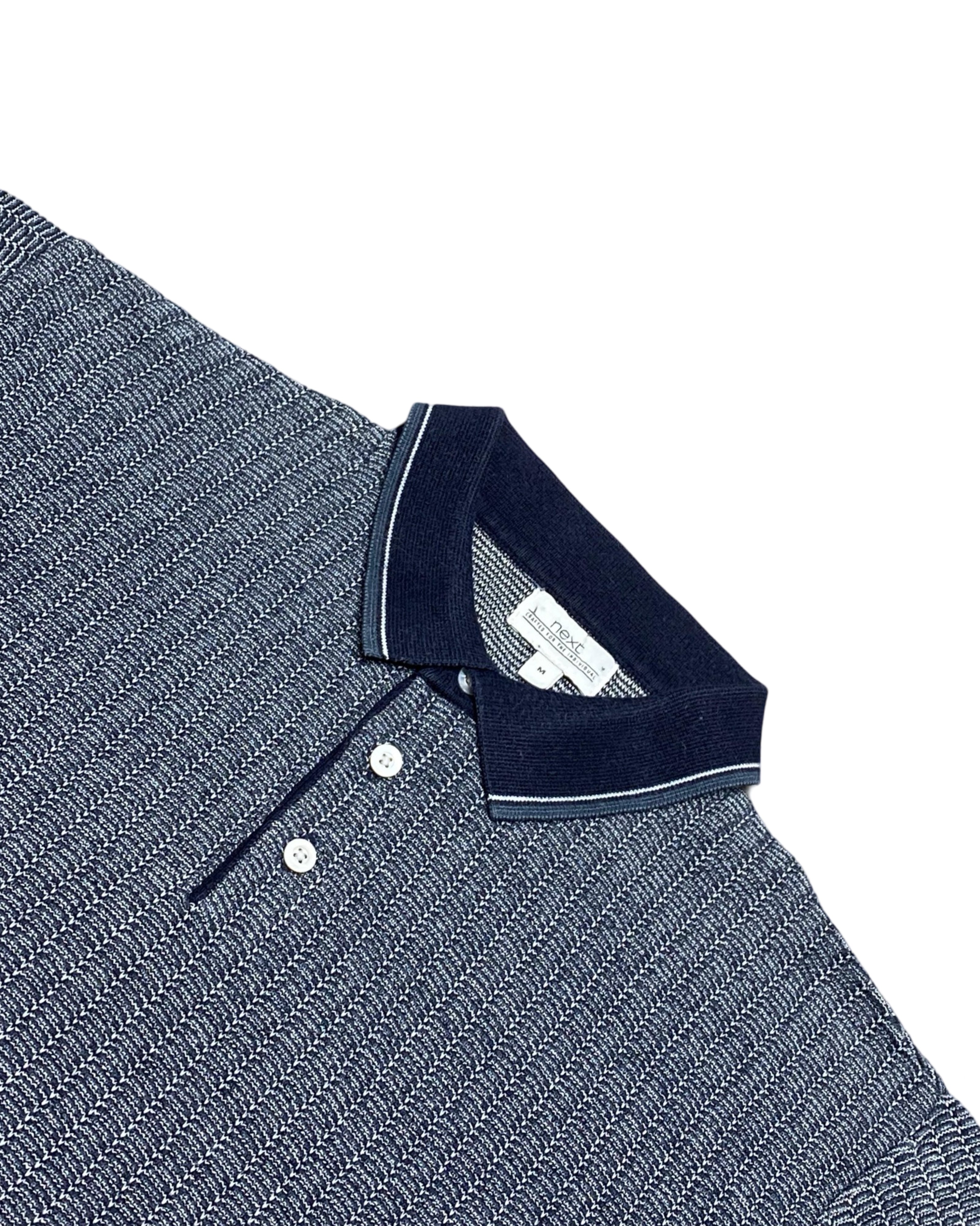 NEXT Navy & White Textured Knit Polo Shirt with Ribbed Hem & Cuffs | Medium | Chest 20.5”