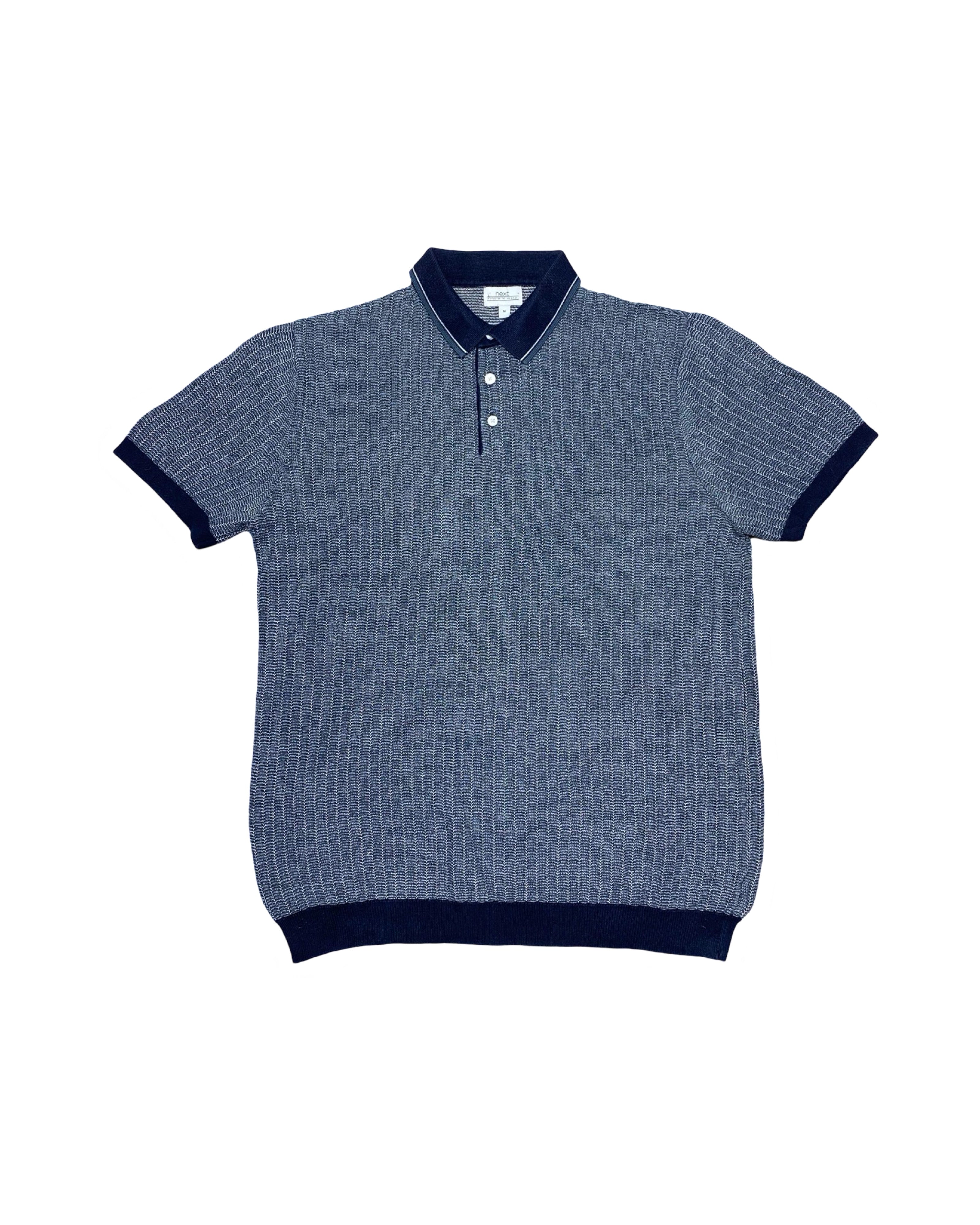 NEXT Navy & White Textured Knit Polo Shirt with Ribbed Hem & Cuffs | Medium | Chest 20.5”