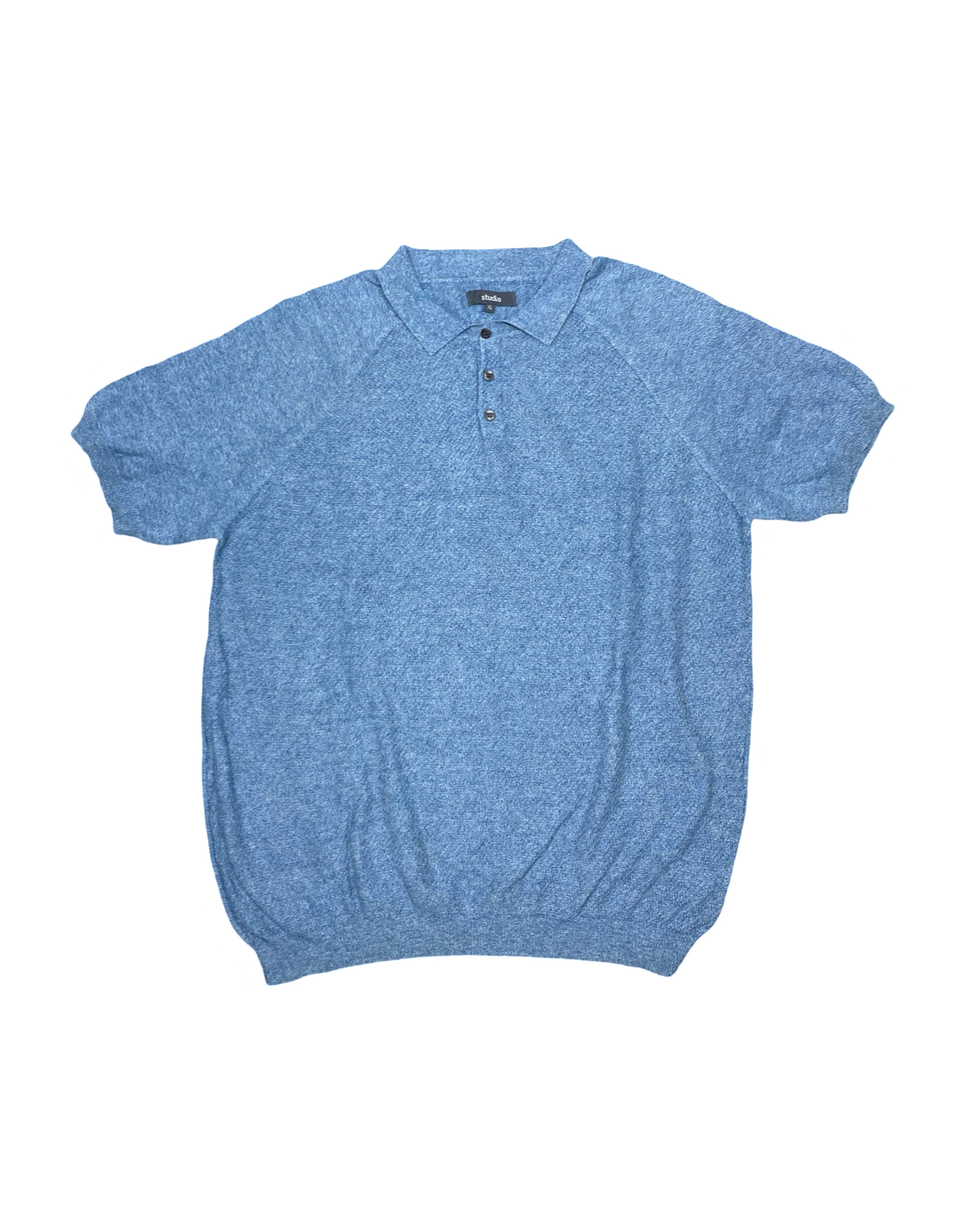 STUDIO Blue Marled Knit Polo Shirt with Ribbed Hem | Large | Chest 23”