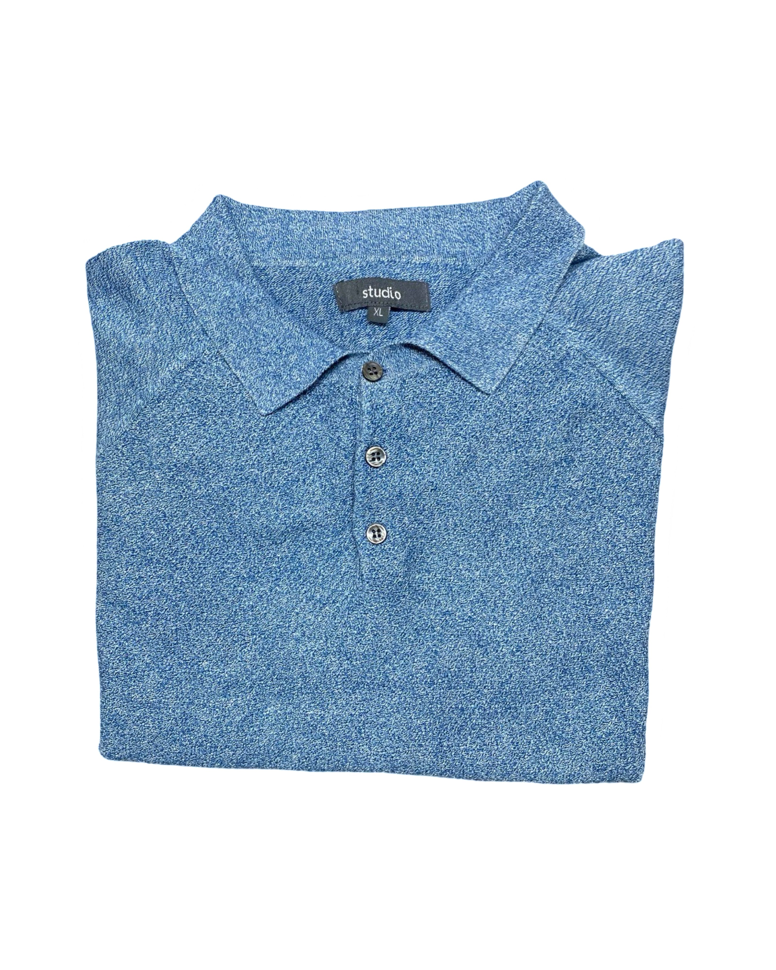 STUDIO Blue Marled Knit Polo Shirt with Ribbed Hem | Large | Chest 23”