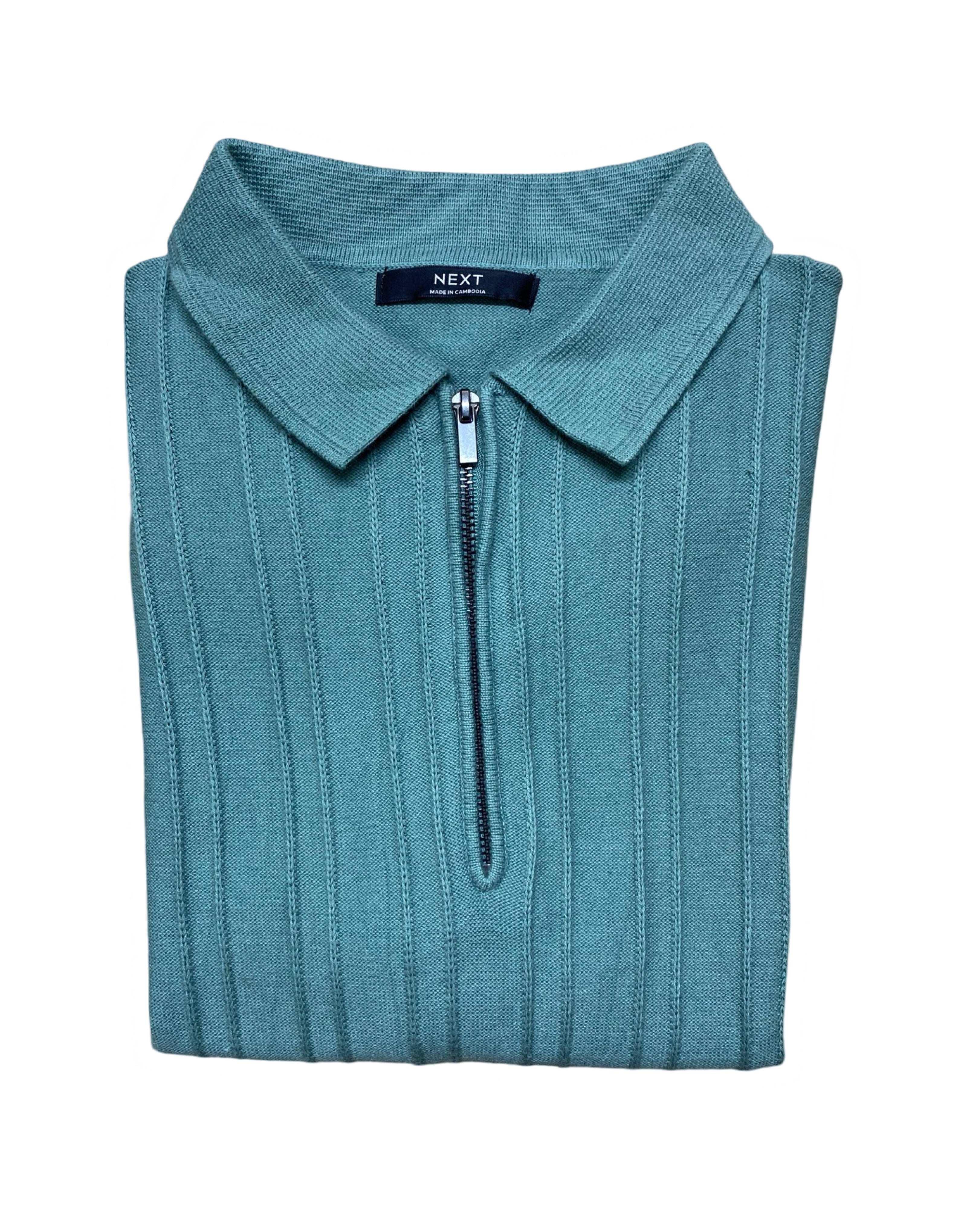 NEXT Teal Knitted Polo Shirt with Ribbed Texture & Zip Neck | Medium | Chest 20”