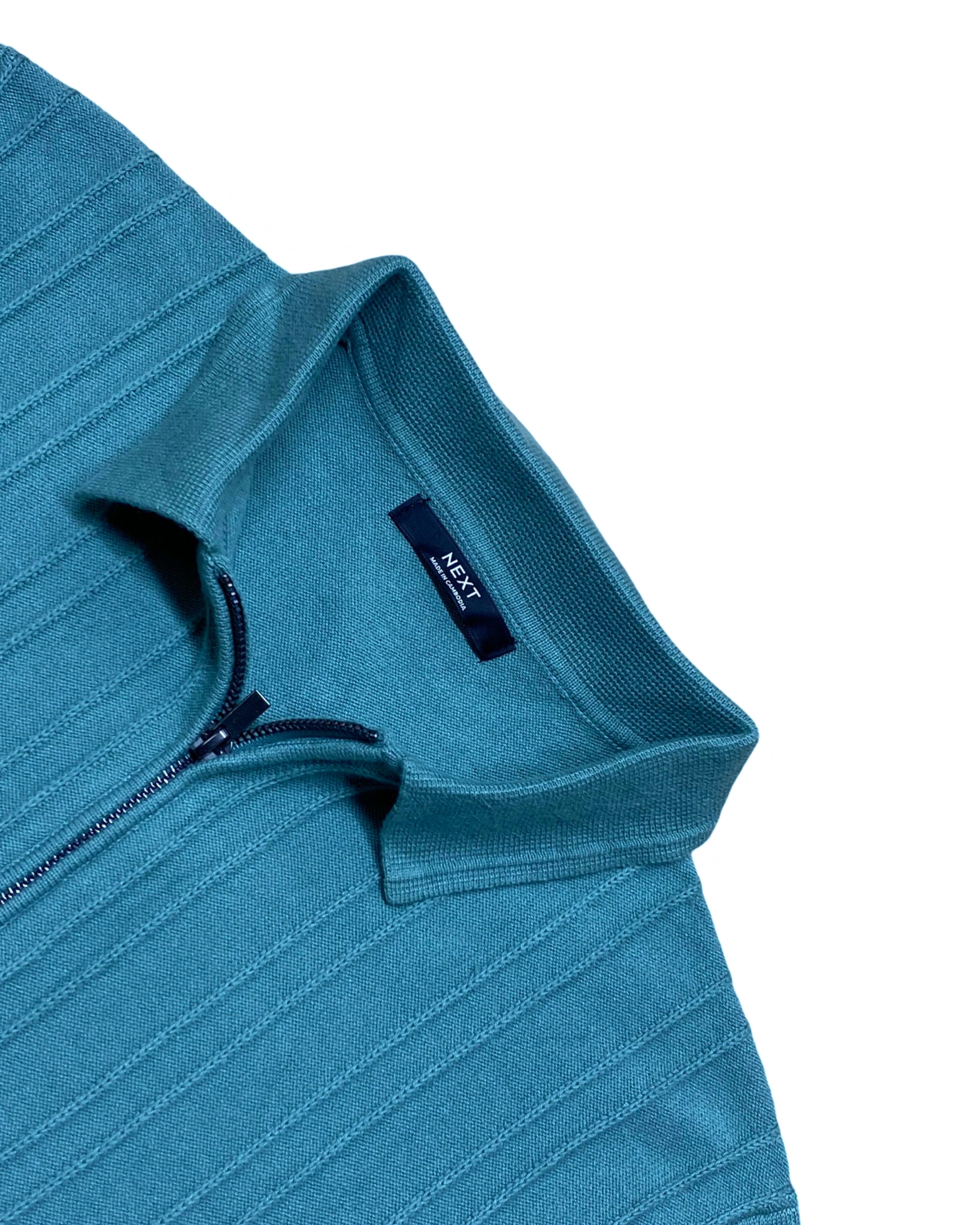 NEXT Teal Knitted Polo Shirt with Ribbed Texture & Zip Neck | Medium | Chest 20”