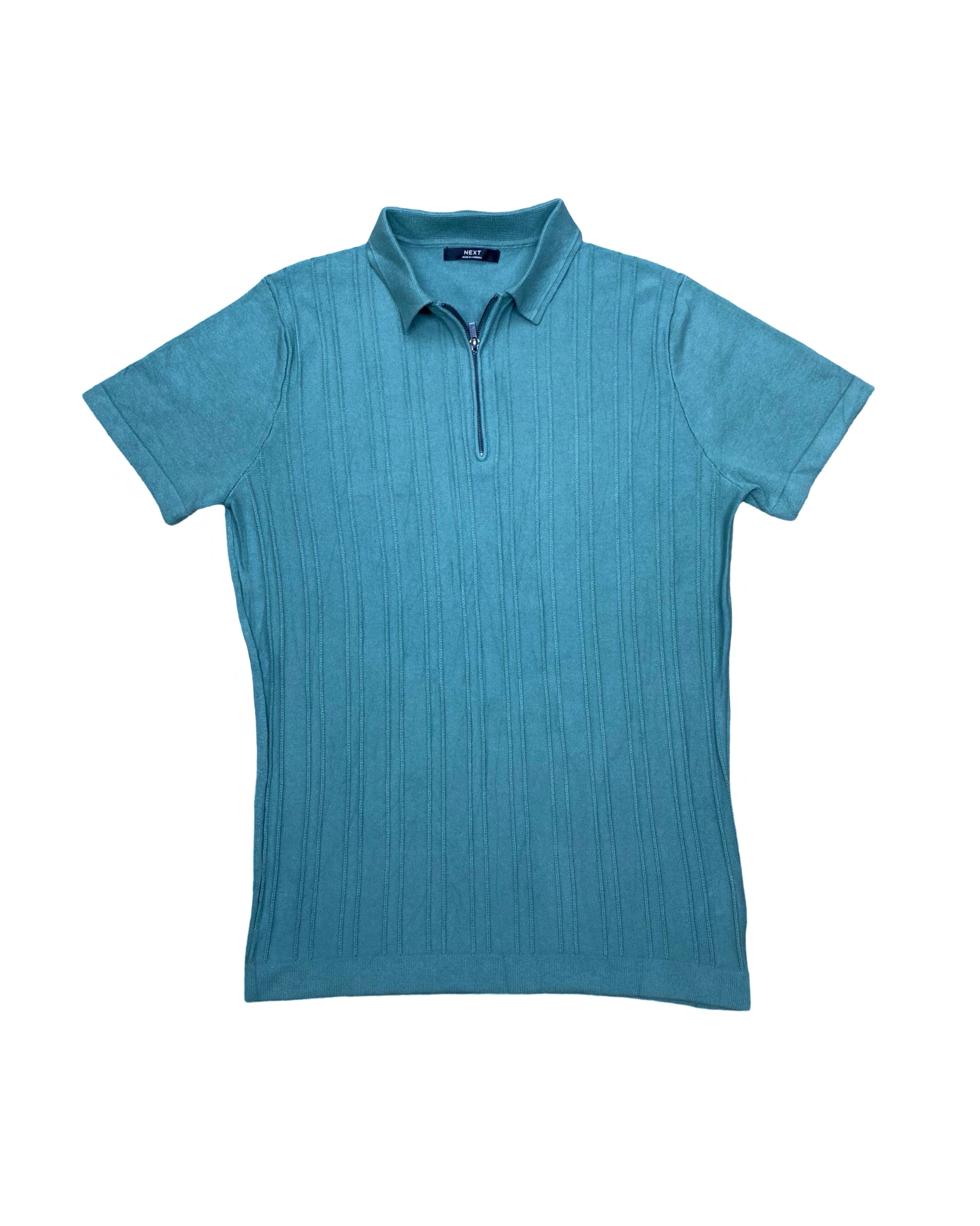 NEXT Teal Knitted Polo Shirt with Ribbed Texture & Zip Neck | Medium | Chest 20”