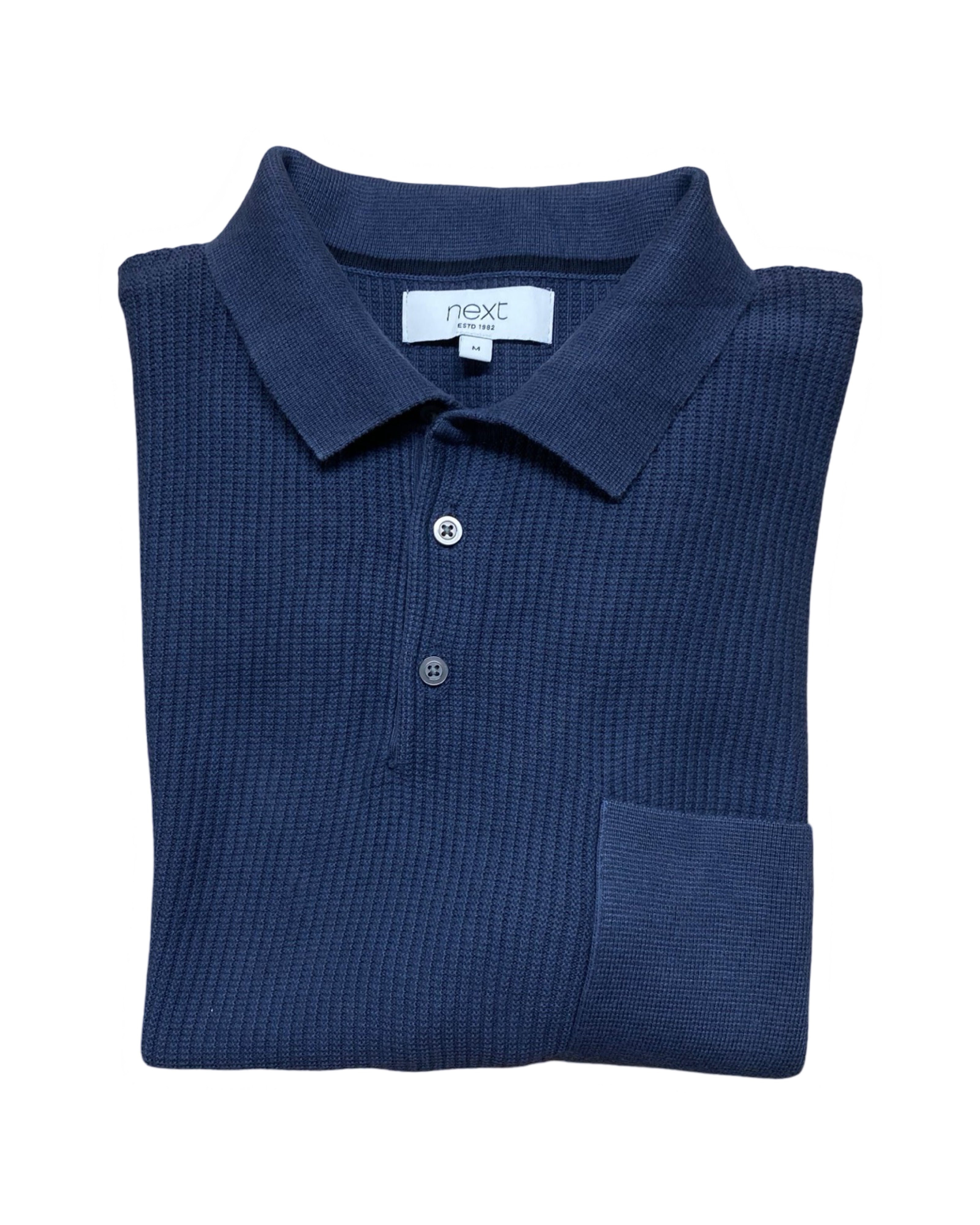 NEXT Navy Ribbed Knit Polo Shirt with Pocket & Ribbed Hem | Medium | Chest 19”