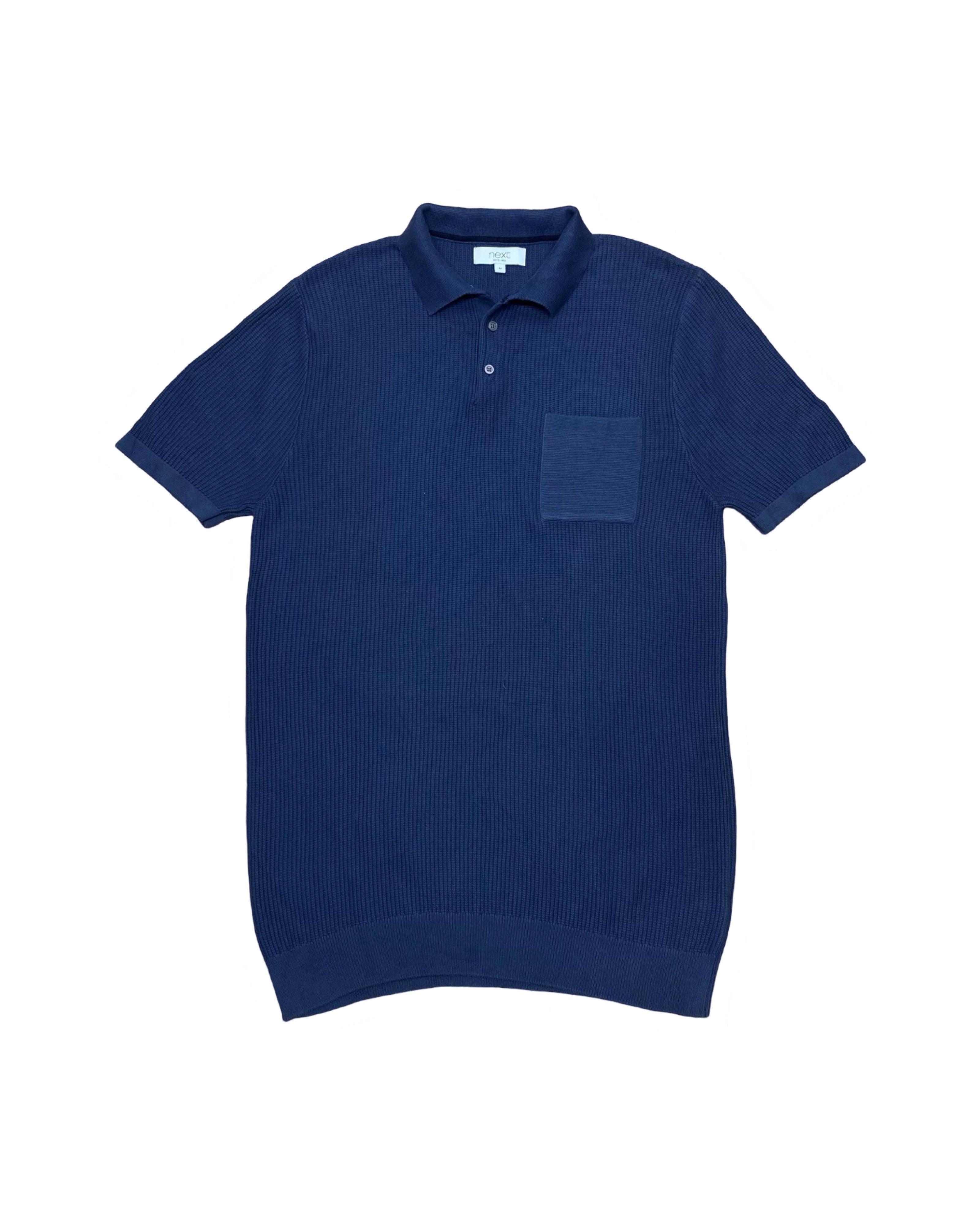NEXT Navy Ribbed Knit Polo Shirt with Pocket & Ribbed Hem | Medium | Chest 19”