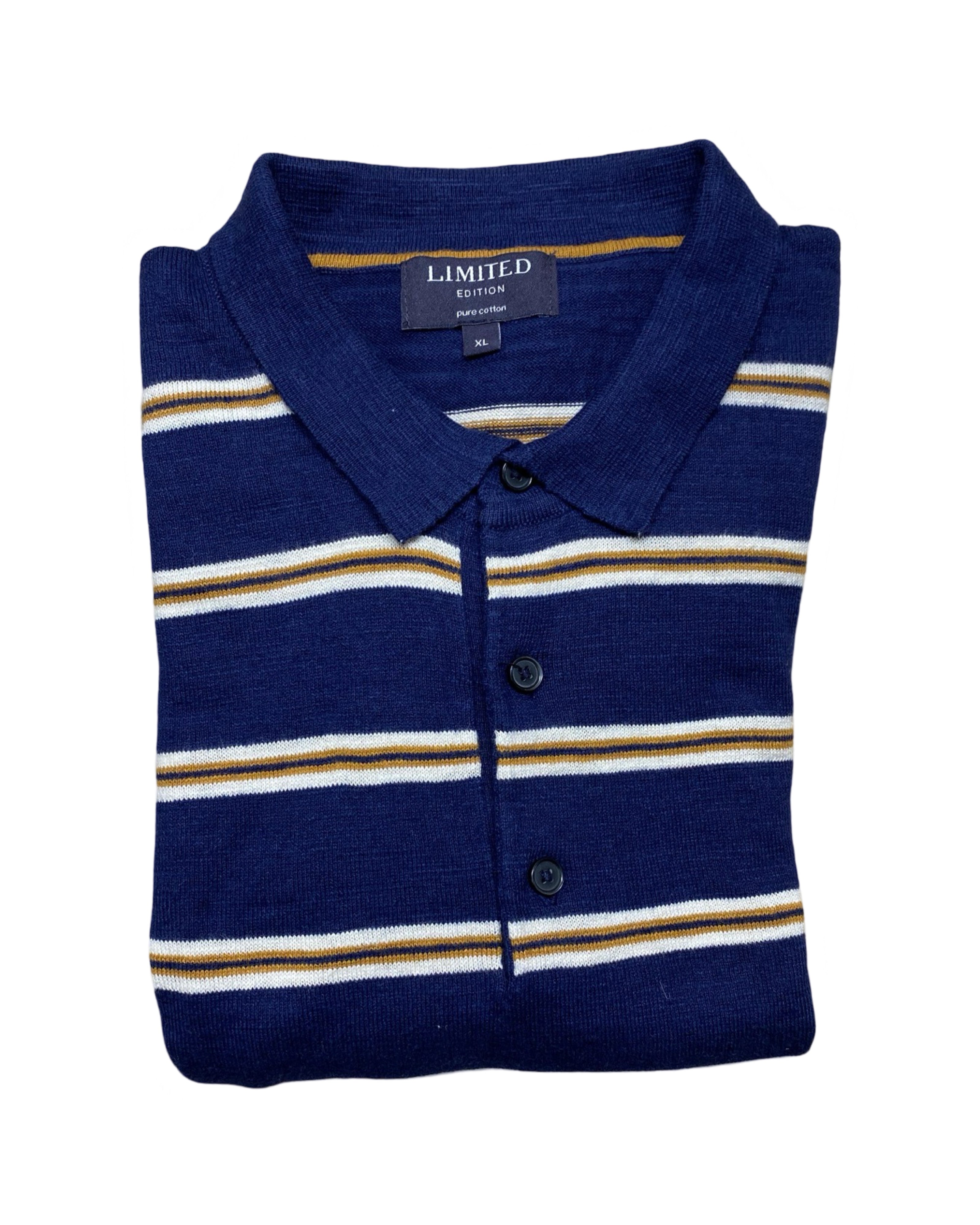 LIMITED EDITION Navy & Mustard Striped Knit Polo Shirt | Large | Chest 22”