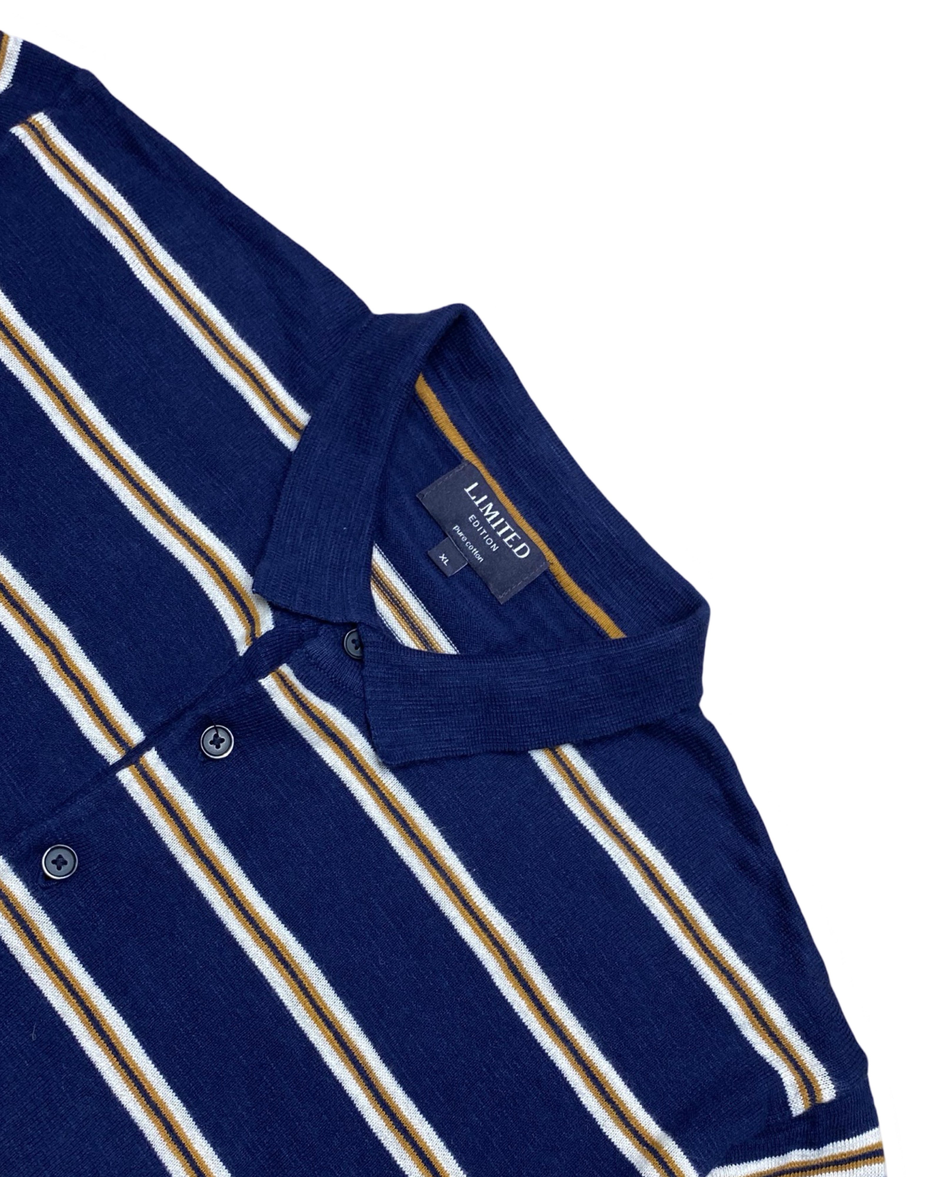 LIMITED EDITION Navy & Mustard Striped Knit Polo Shirt | Large | Chest 22”