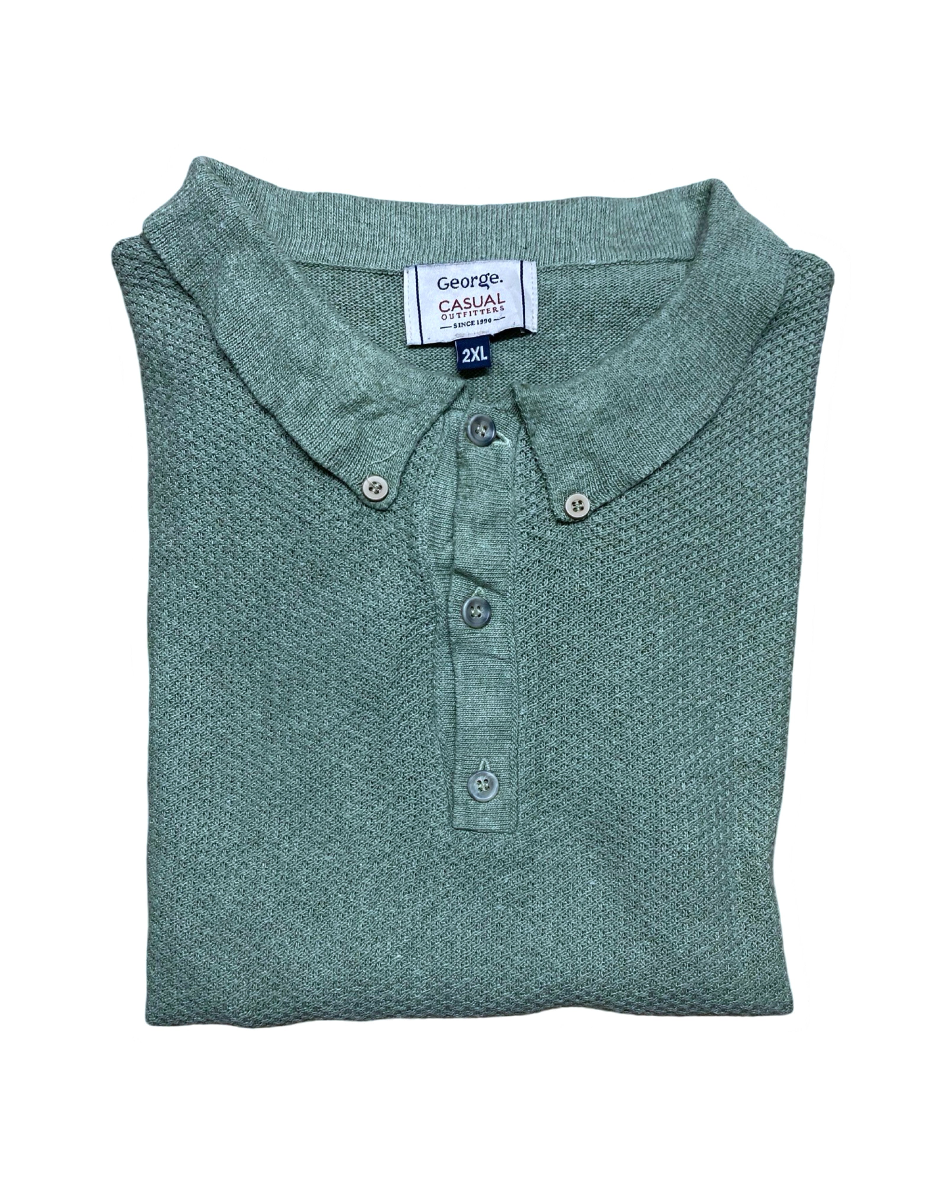 George Sage Green Textured Knit Polo Shirt | XXL | Chest 27”