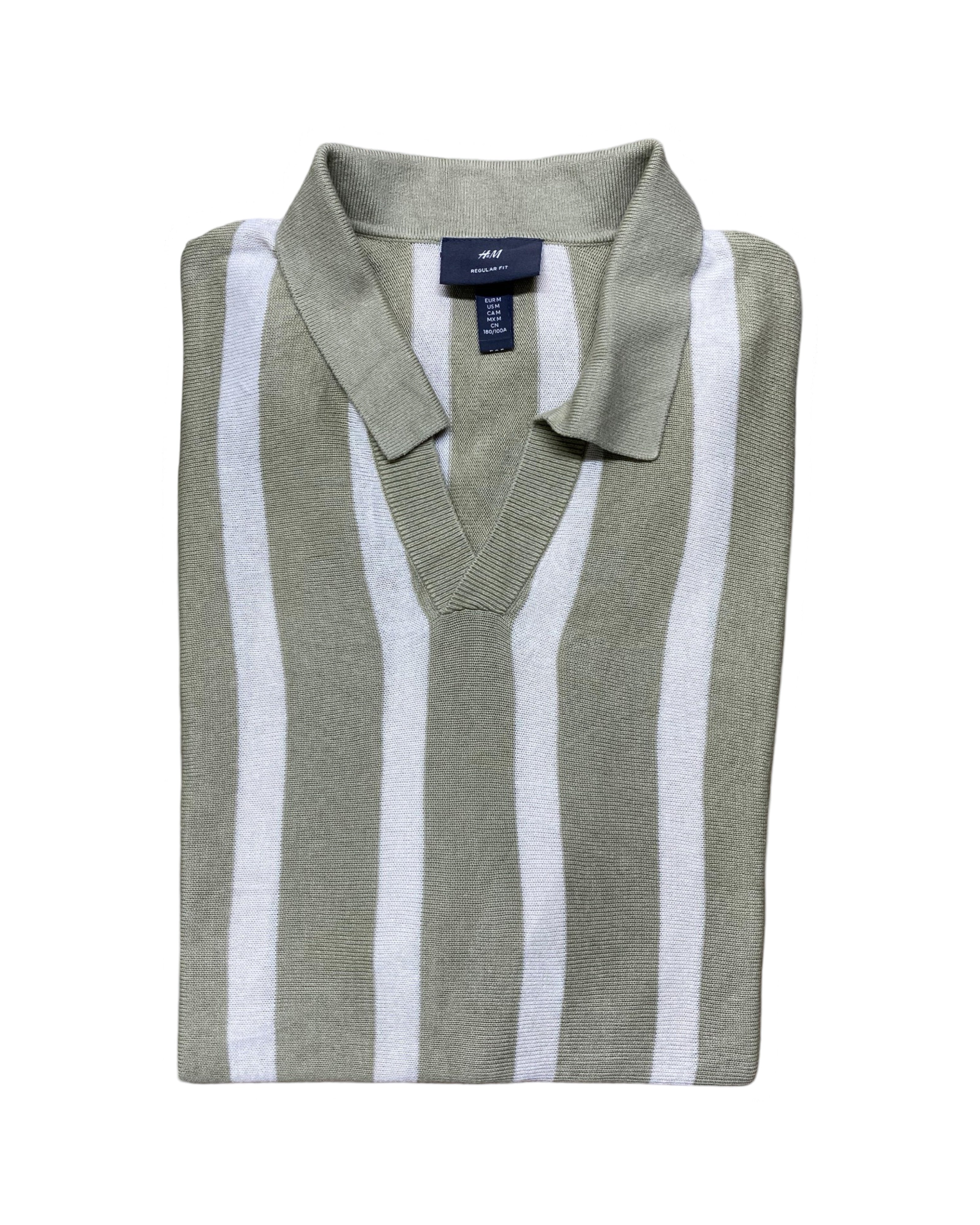 H&M Green & White Vertical Stripe Knit Shirt | Medium | Chest 21”