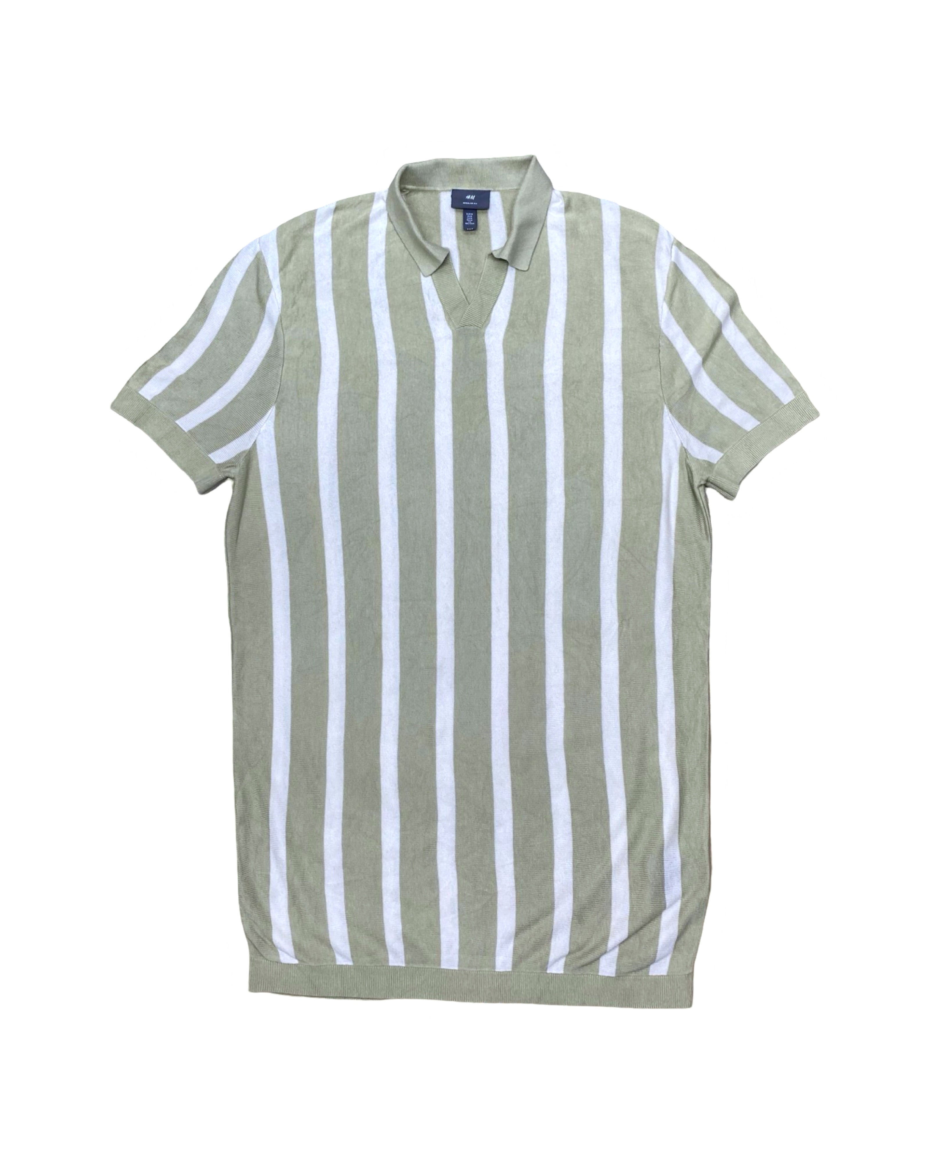 H&M Green & White Vertical Stripe Knit Shirt | Medium | Chest 21”