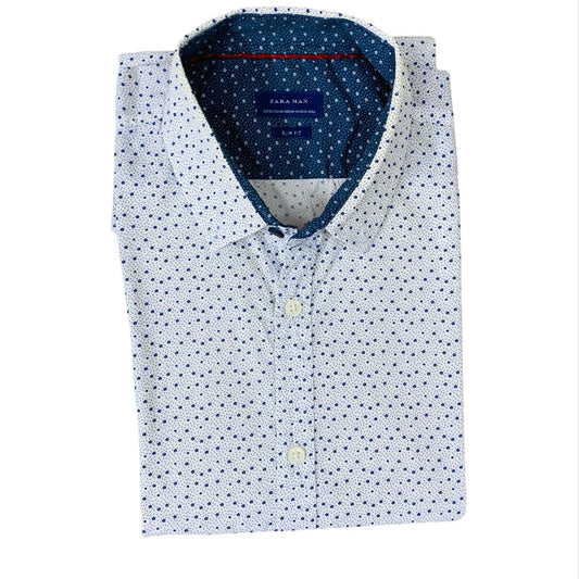 Zara Man White (blue dot printed) Medium   Chest 22.5”