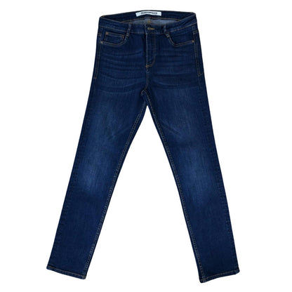 ZARA  Trafaluc Denim Collection Dark Blue Blast Fade Denim High-Rise Slim Fit  Waist 30” Length 36.5”