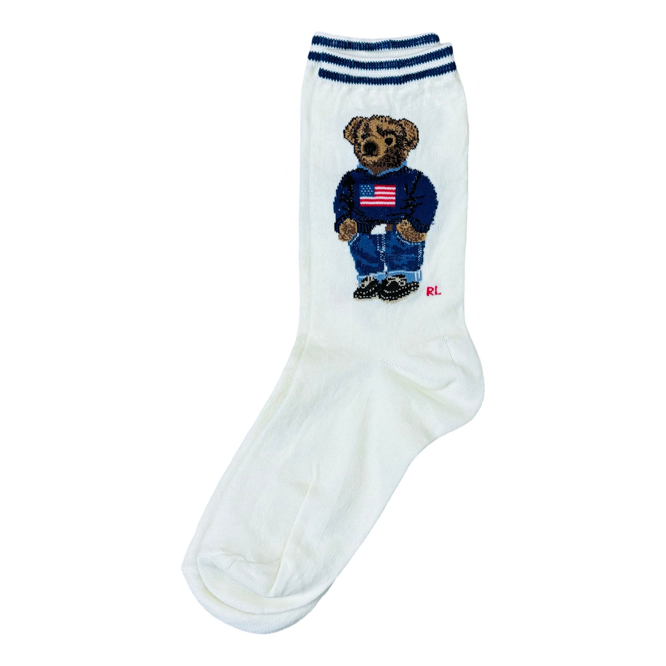 RL White US Flag Bear Crew Socks