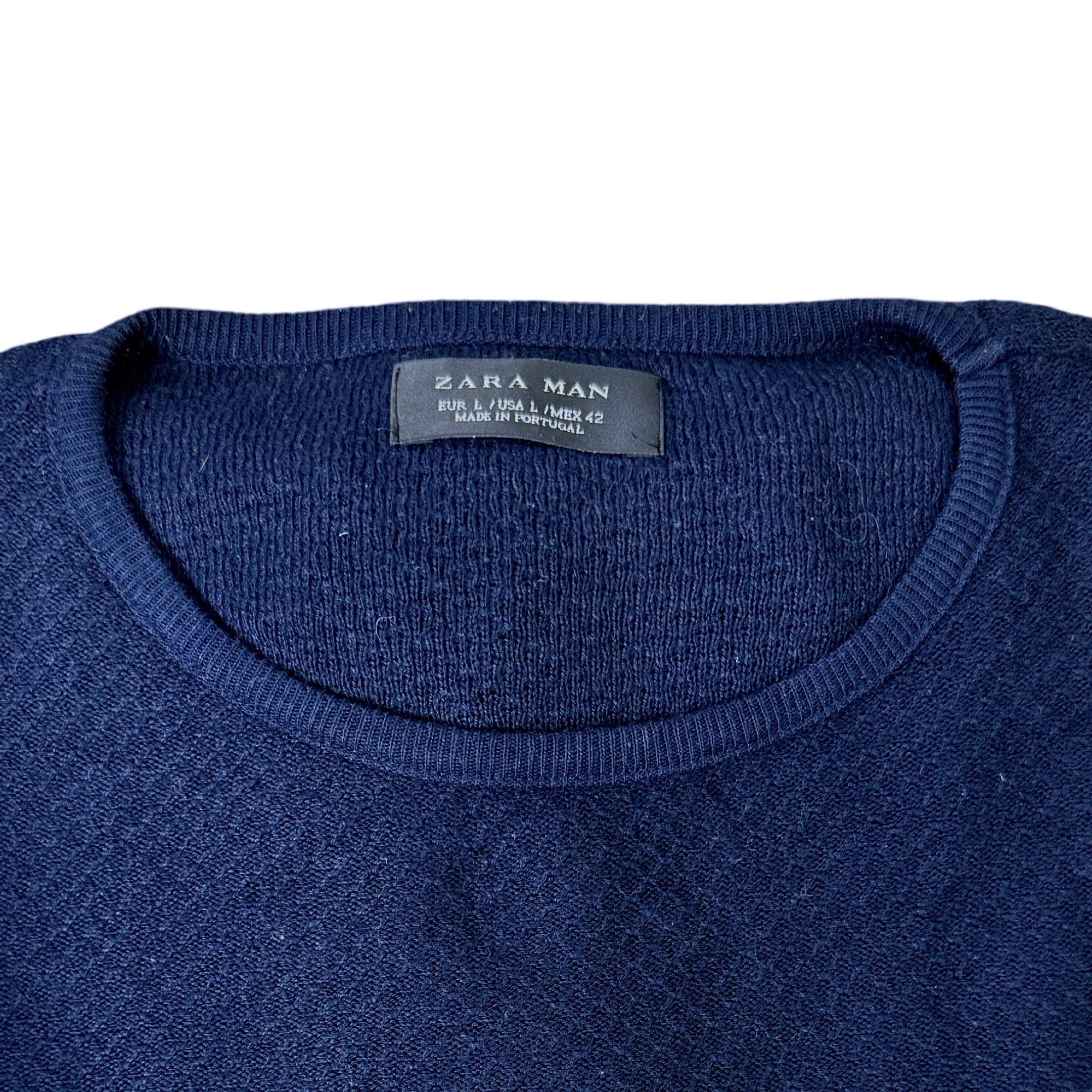 Zara Man Blue Textured Crew Neck | Medium