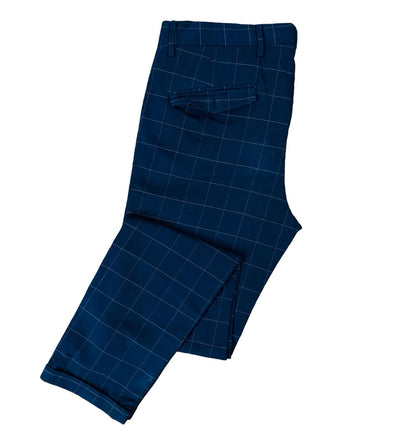 Navy Blue Box Check Cotton Chino [Waist 34” Length 41”]