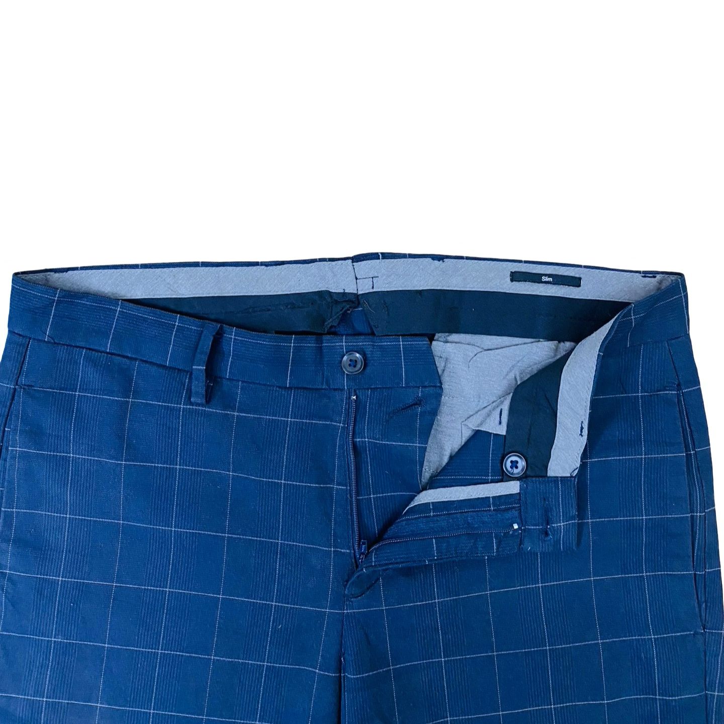 Navy Blue Box Check Cotton Chino [Waist 34” Length 41”]