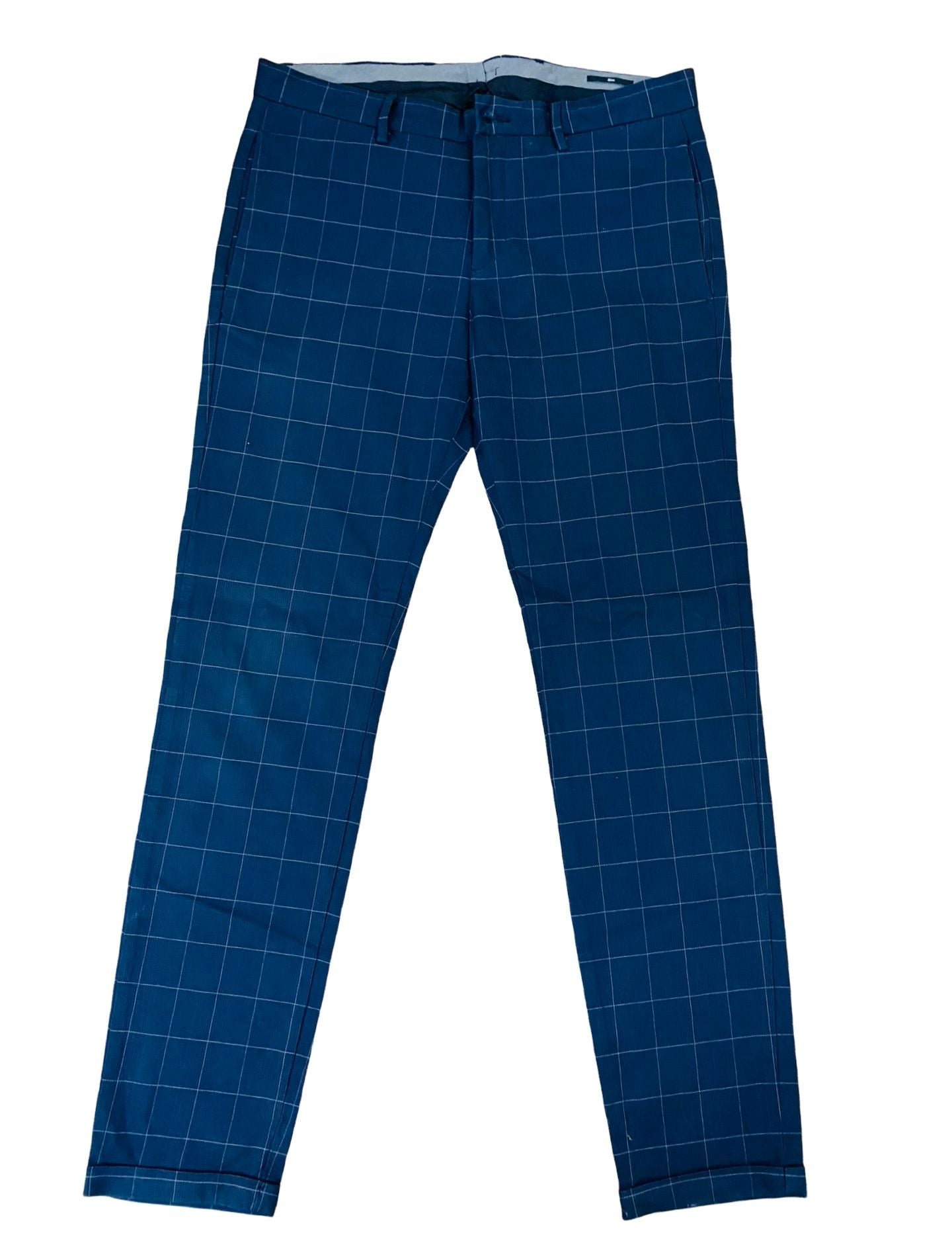 Navy Blue Box Check Cotton Chino [Waist 34” Length 41”]