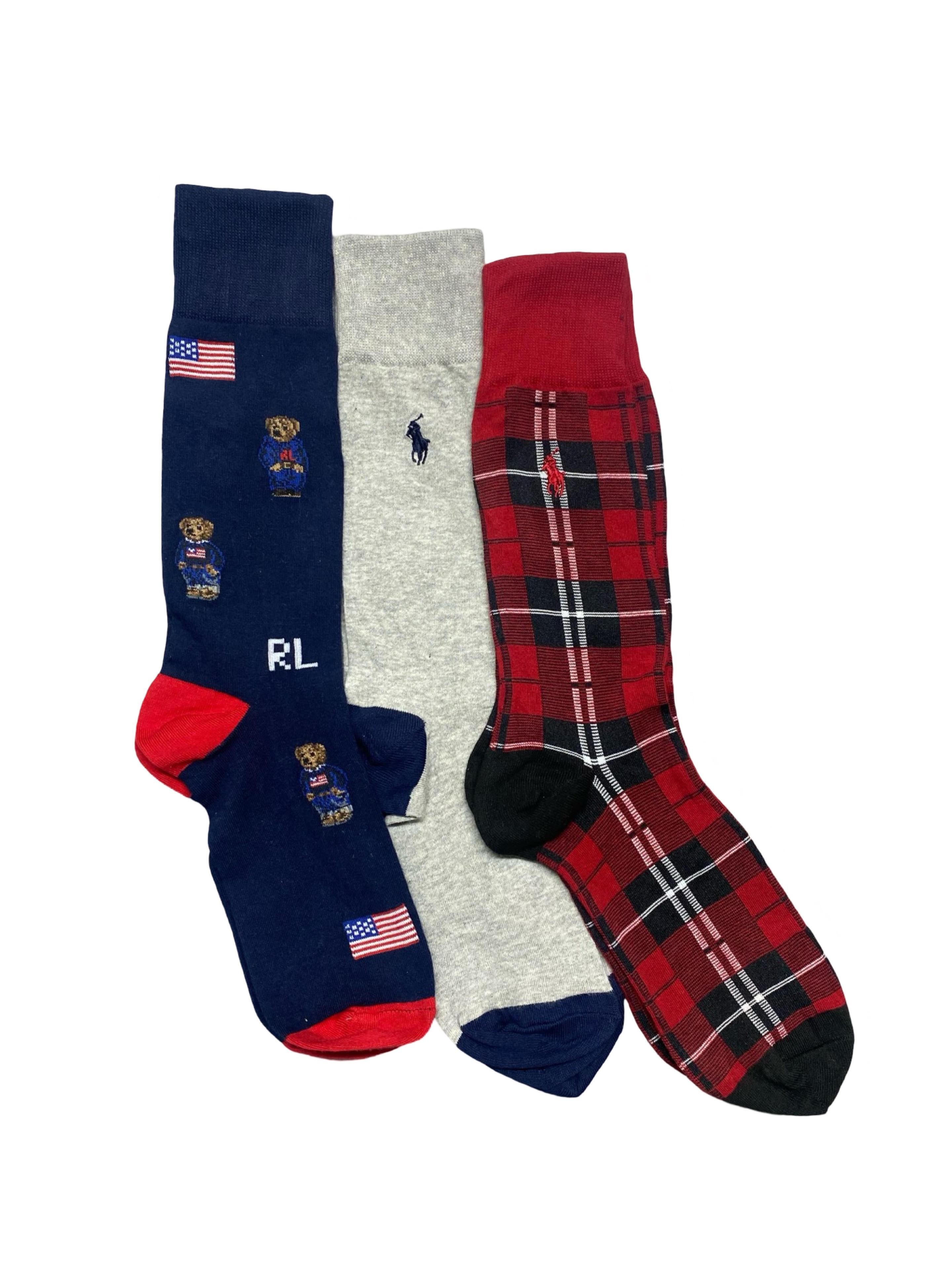Polo Ralph Lauren Men’s Socks – Bear, Plaid & Classic Grey | Pack of 3 | Size: US 8-12