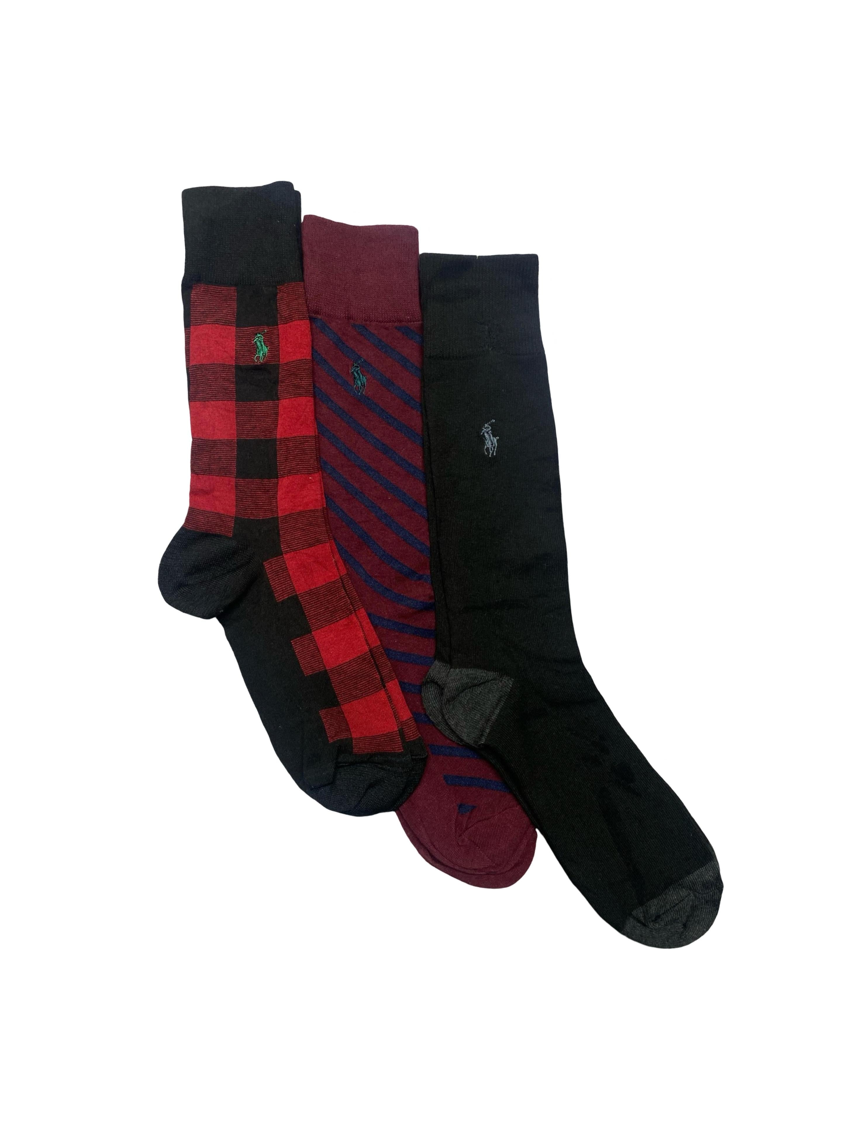 Polo Ralph Lauren Men’s Socks – Buffalo Check, Stripes & Classic Black | Pack of 3 | Size: US 6-12