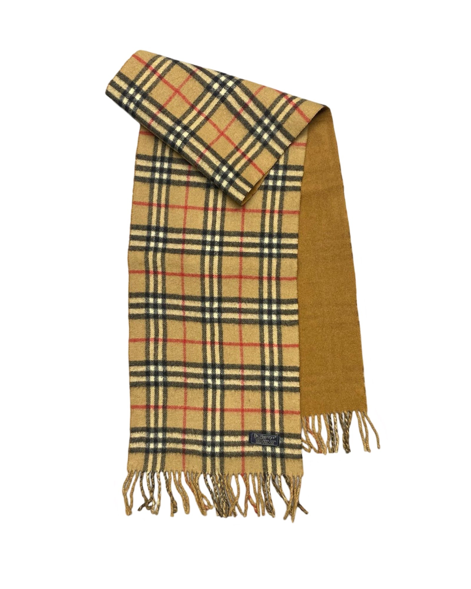 Burberry Vintage Camel Check Reversible Wool Scarf (0142) – 50% Wool, 50% Cashmere