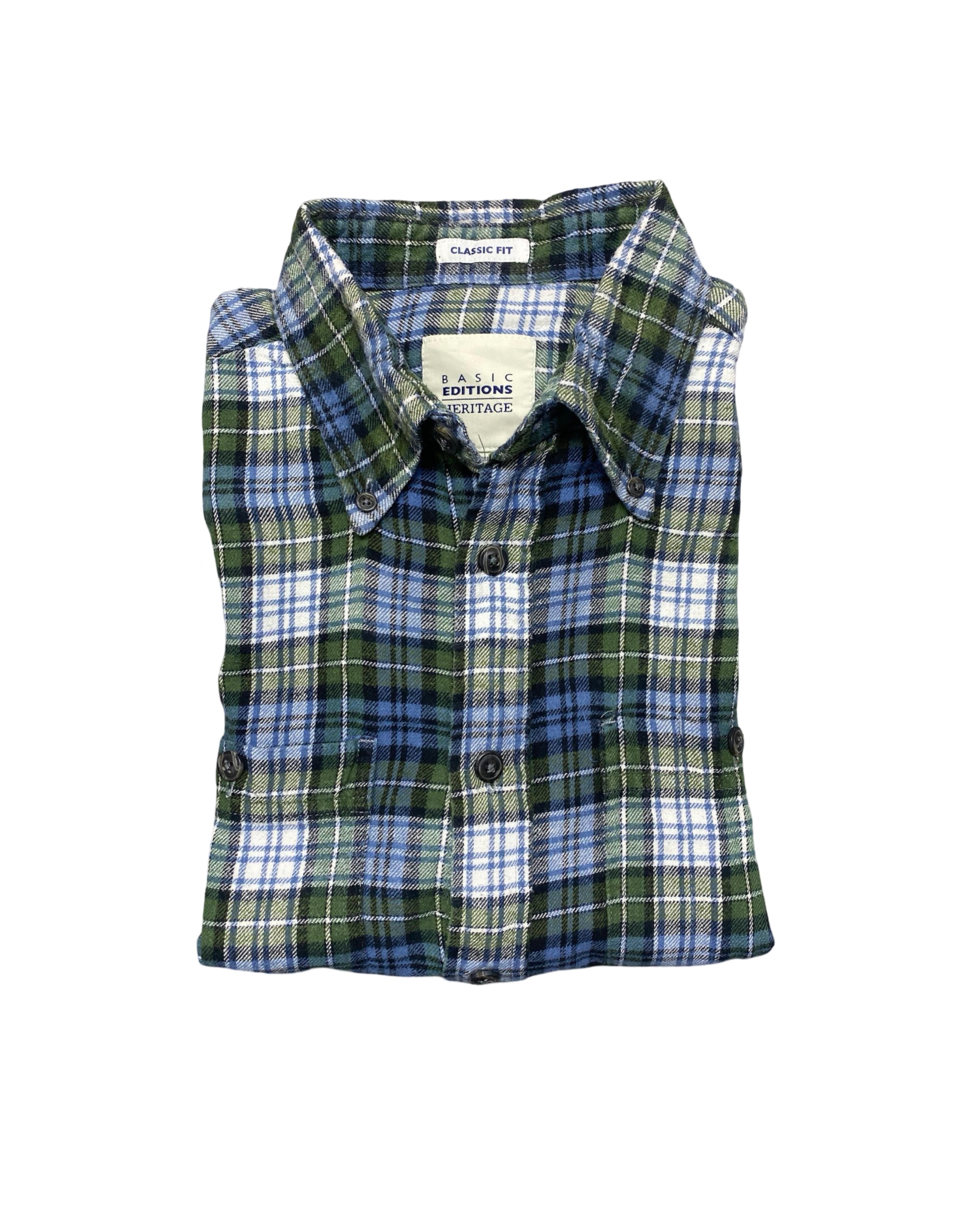 Basic Editions Heritage Green Plaid Classic Fit Shirt | Chest 21” | Medium