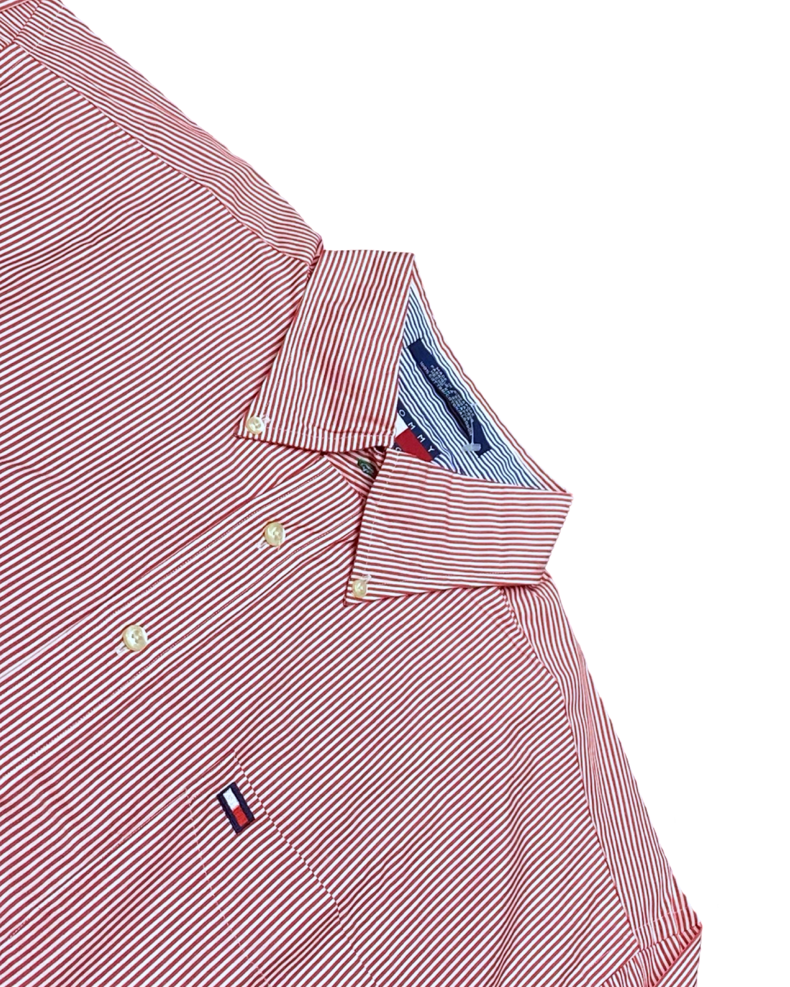 Tommy Hilfiger Red & White Striped Button-Up Shirt | Size Large | Chest 25”