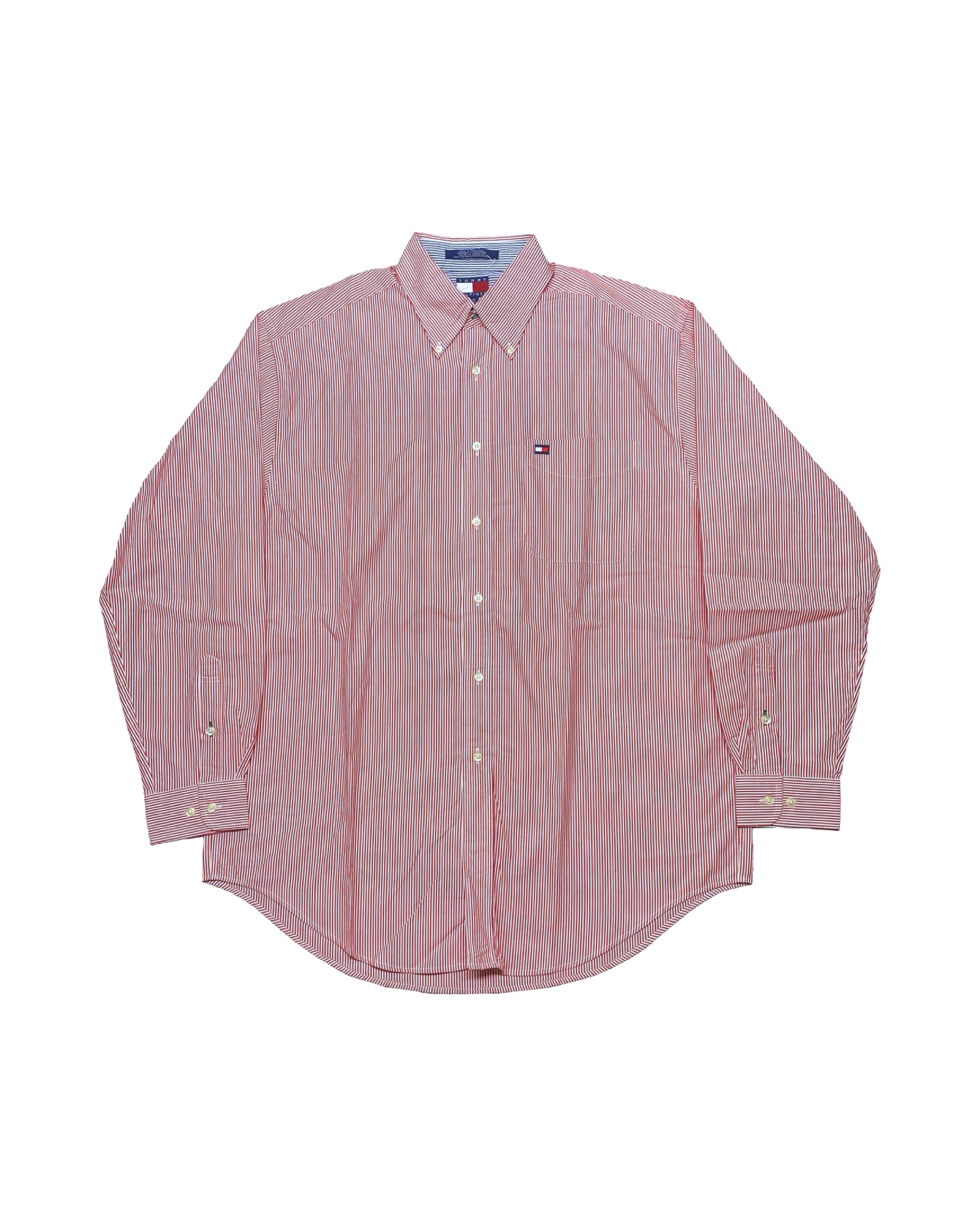 Tommy Hilfiger Red & White Striped Button-Up Shirt | Size Large | Chest 25”