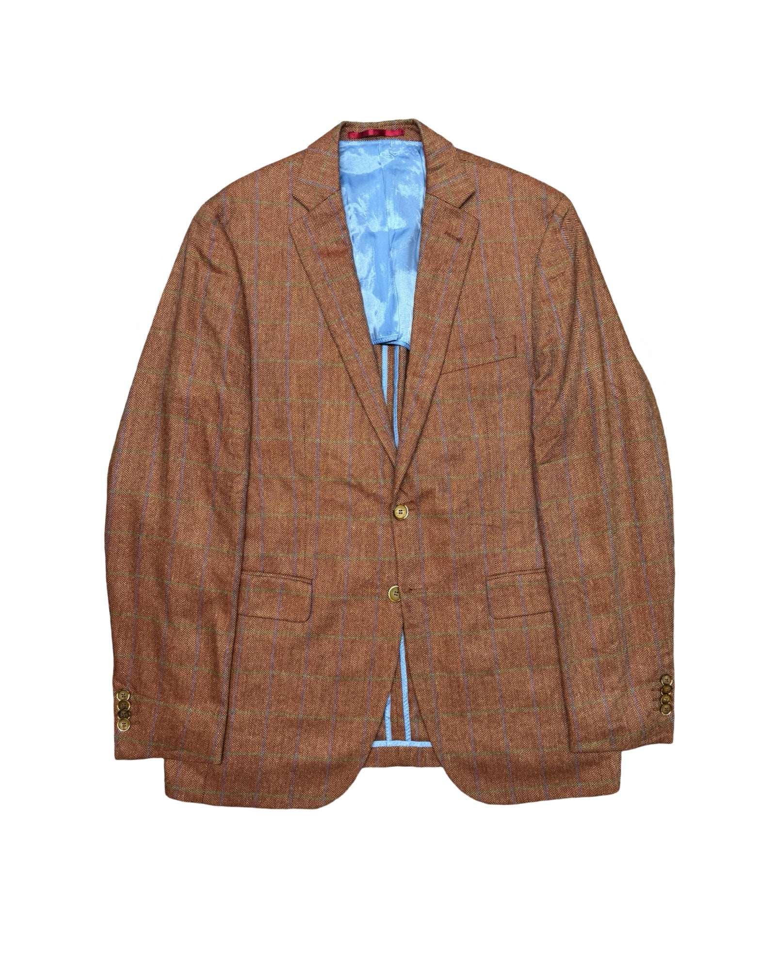 Toyner Rust Herringbone Blazer | Red/Green Windowpane Check | Pure Silk | Size Medium/Large