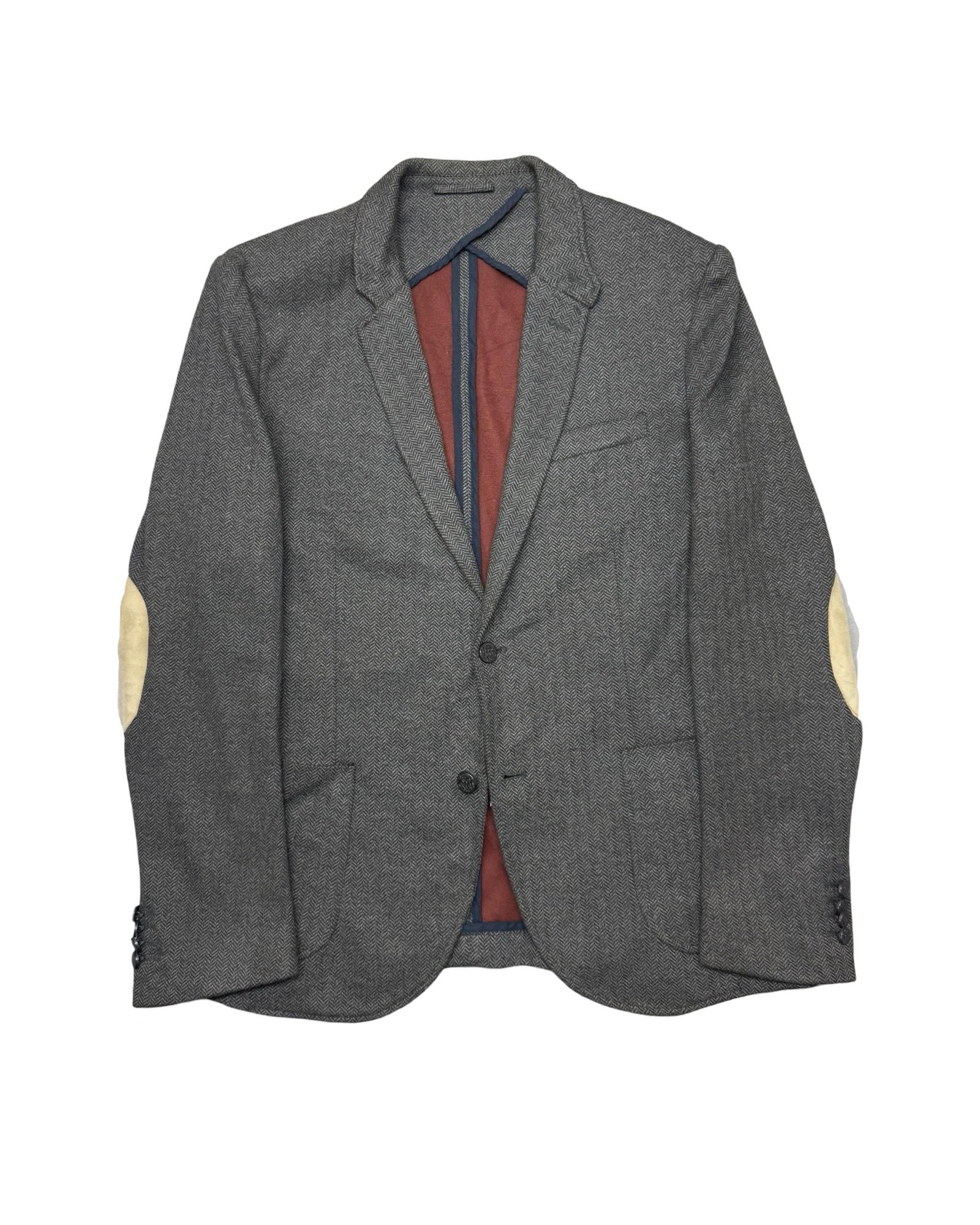 Zara Man Brown/Grey Herringbone Blazer | Suede Elbow Patches | Size 54 (Medium/Large)