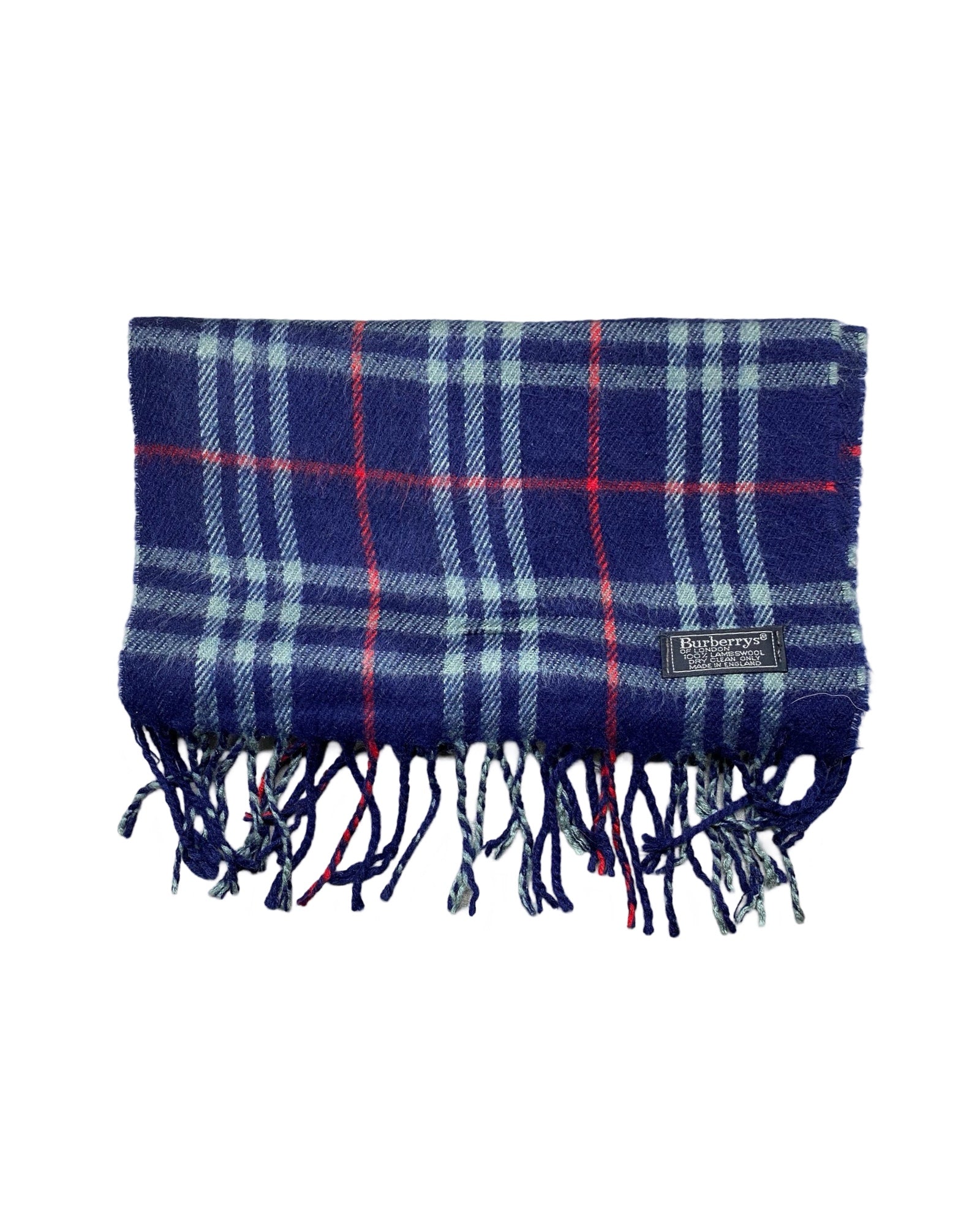 Burberry Vintage Check Wool Scarf | Navy Blue & Red Plaid | 100% Lambswool (0164)