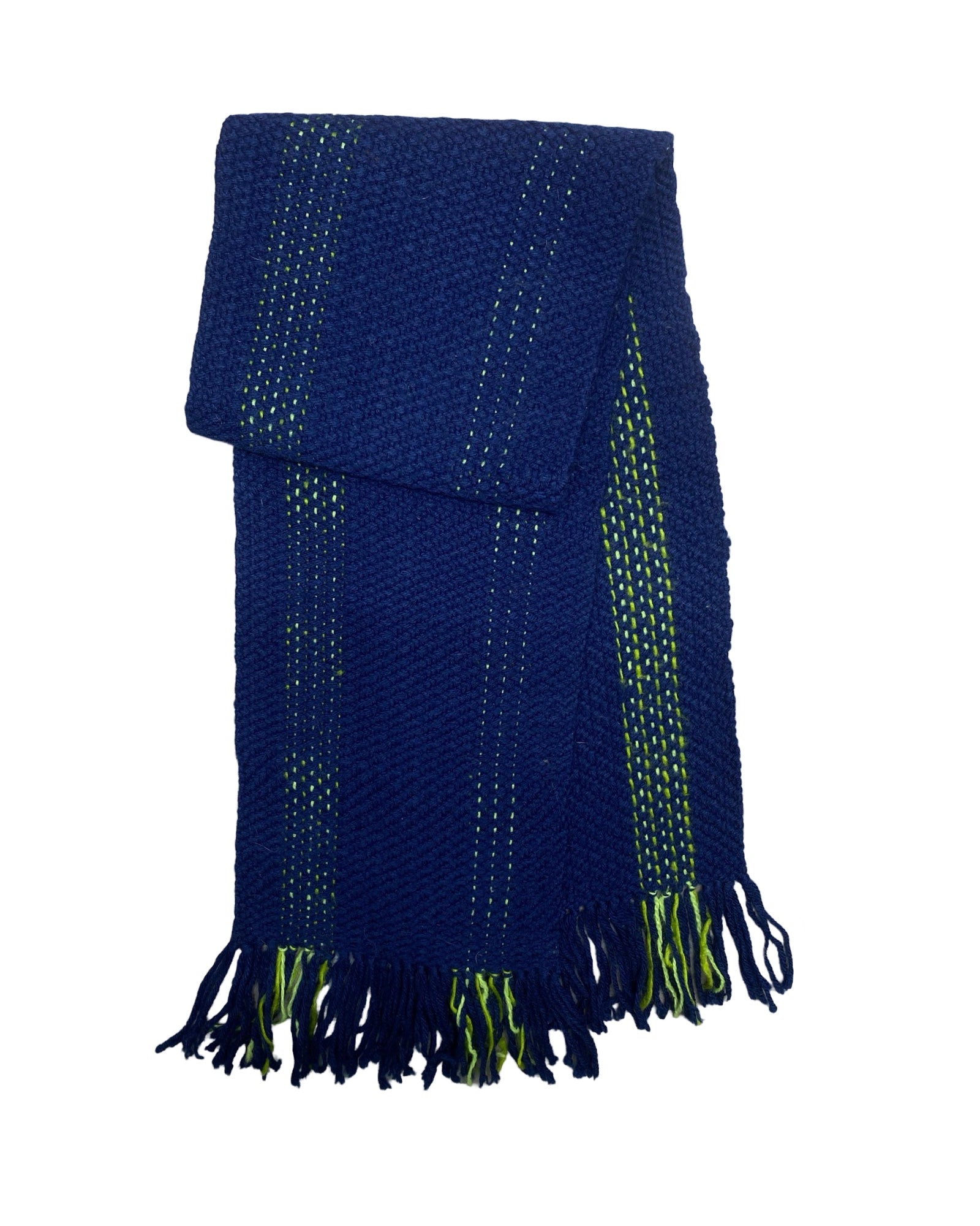 Quiet Luxury Handwoven Wool Scarf – Deep Blue with Neon Green Accents | 00203