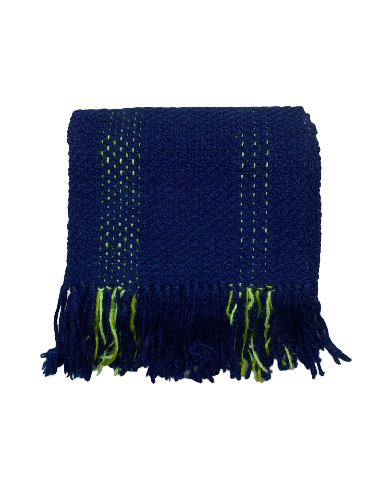 Quiet Luxury Handwoven Wool Scarf – Deep Blue with Neon Green Accents | 00203