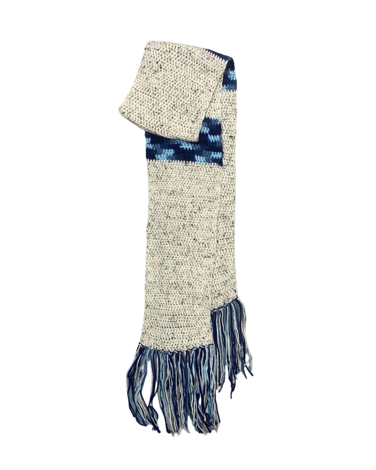 Quiet Luxury Handmade Crochet Scarf – Ivory & Blue Gradient Fringe 00204