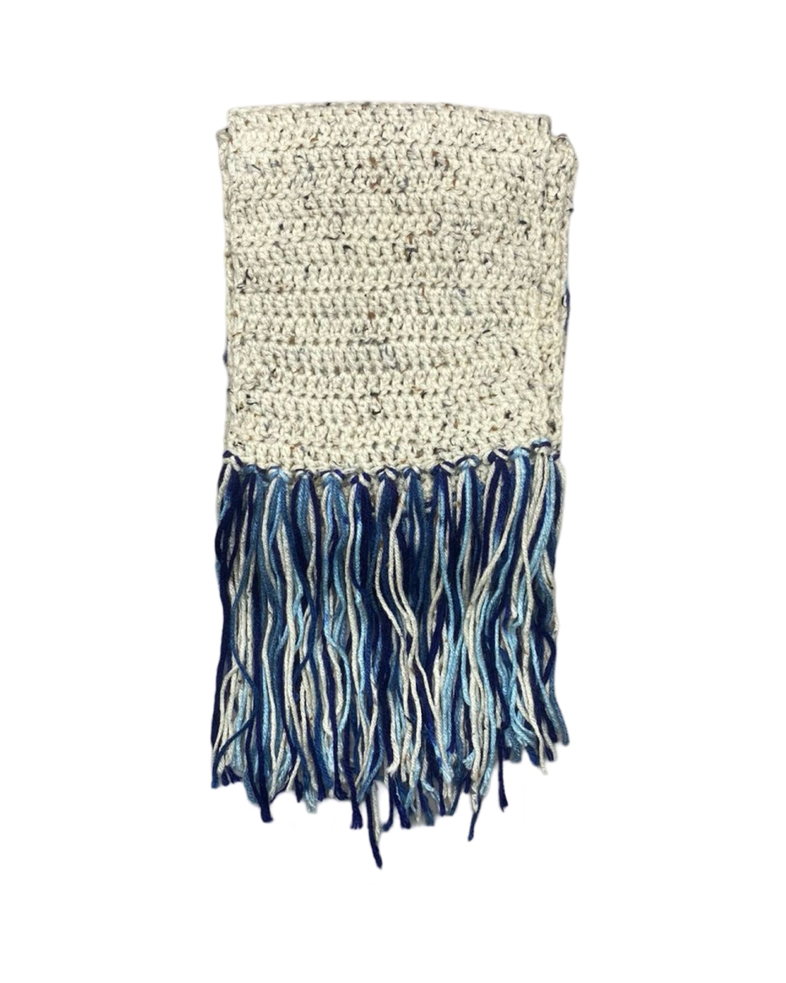 Quiet Luxury Handmade Crochet Scarf – Ivory & Blue Gradient Fringe 00204